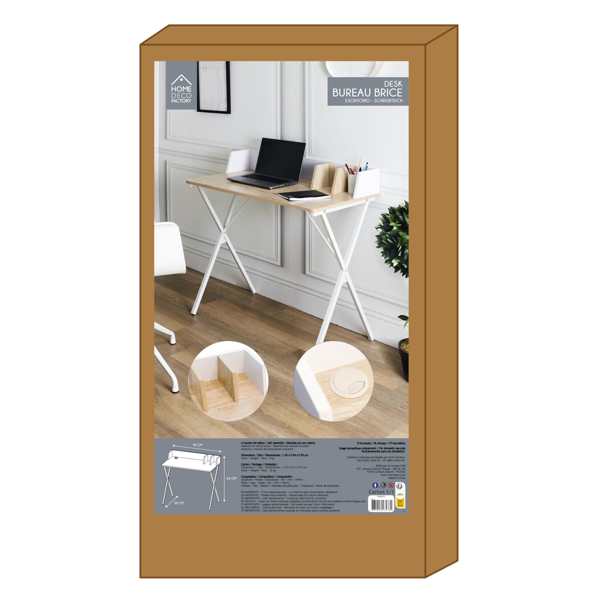 HOME DECO FACTORY Bureau Brice Moderne Télétravail Design Épuré Blanc | Acier et bois, bureau Brice, table de travail moderne, télétravail, design épuré, robuste, 84x90x50 cm, blanc