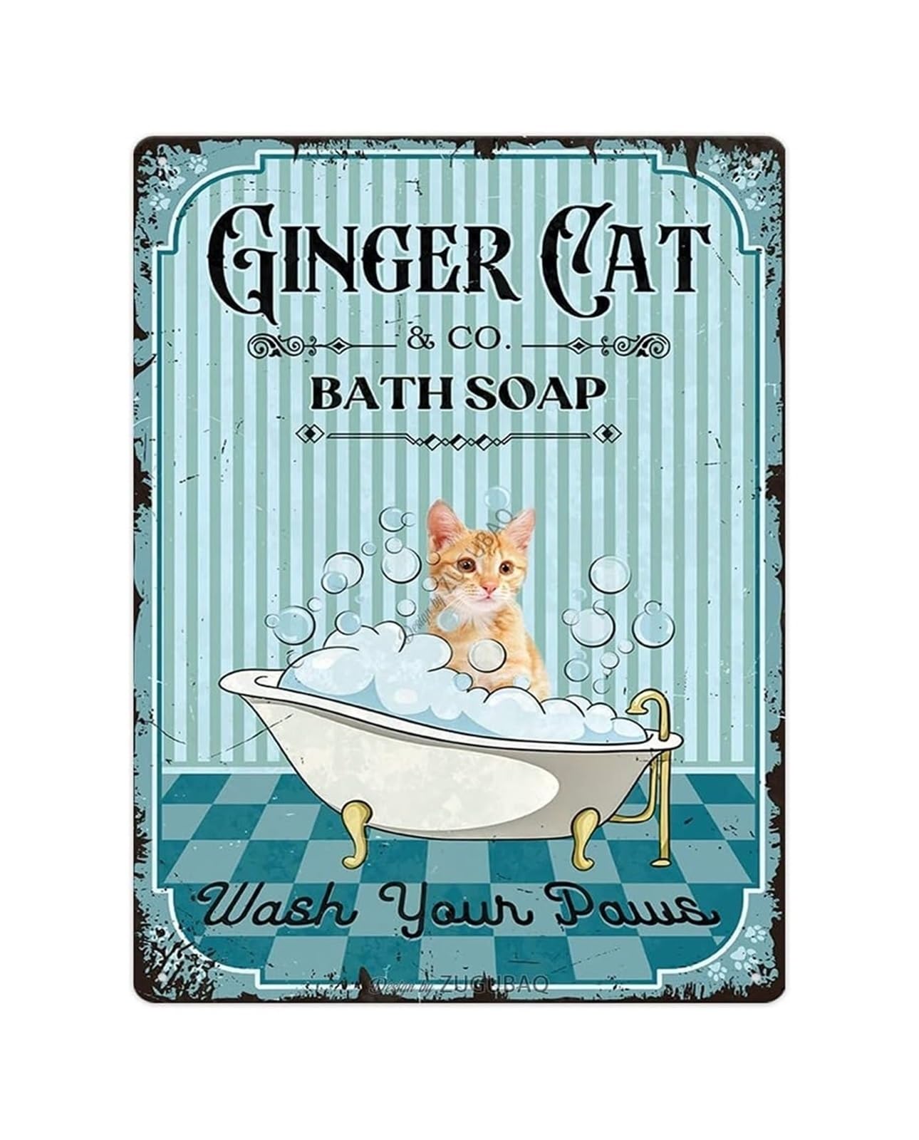 CZMDKEXM Whimsical Ginger Cat Bathroom Sign Vintage Tin with Wash Your Paws Saying for Restroom or Kitchen 8 X 12 inch​