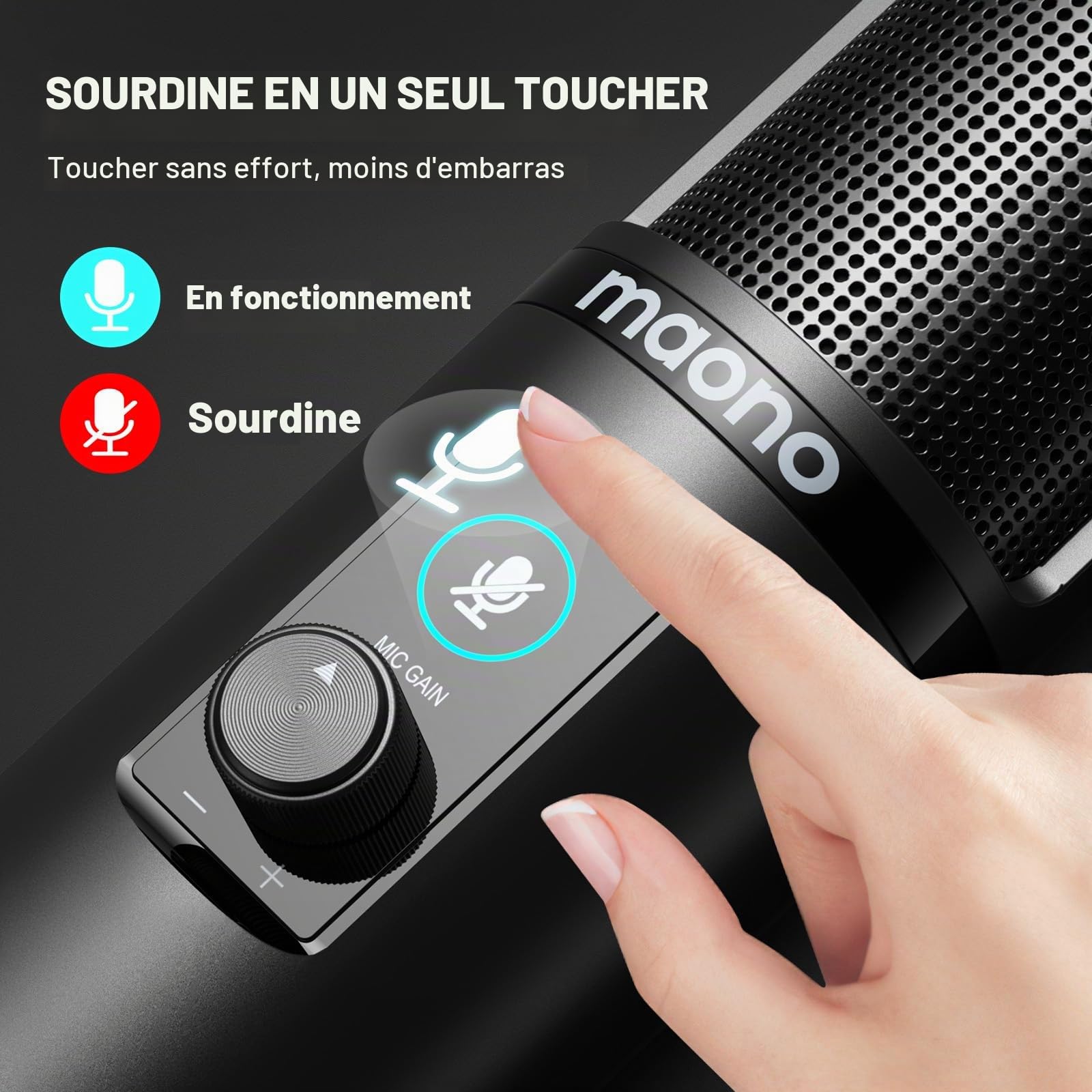 MAONO Micro USB Convient au PC, Microphone USB est équipé de 192 kHz/24 Bits, Micro USB avec Fonction de sourdine en Un clic Convient au Streaming Media, blogs, aux Jeux, Video Conference (PM421)