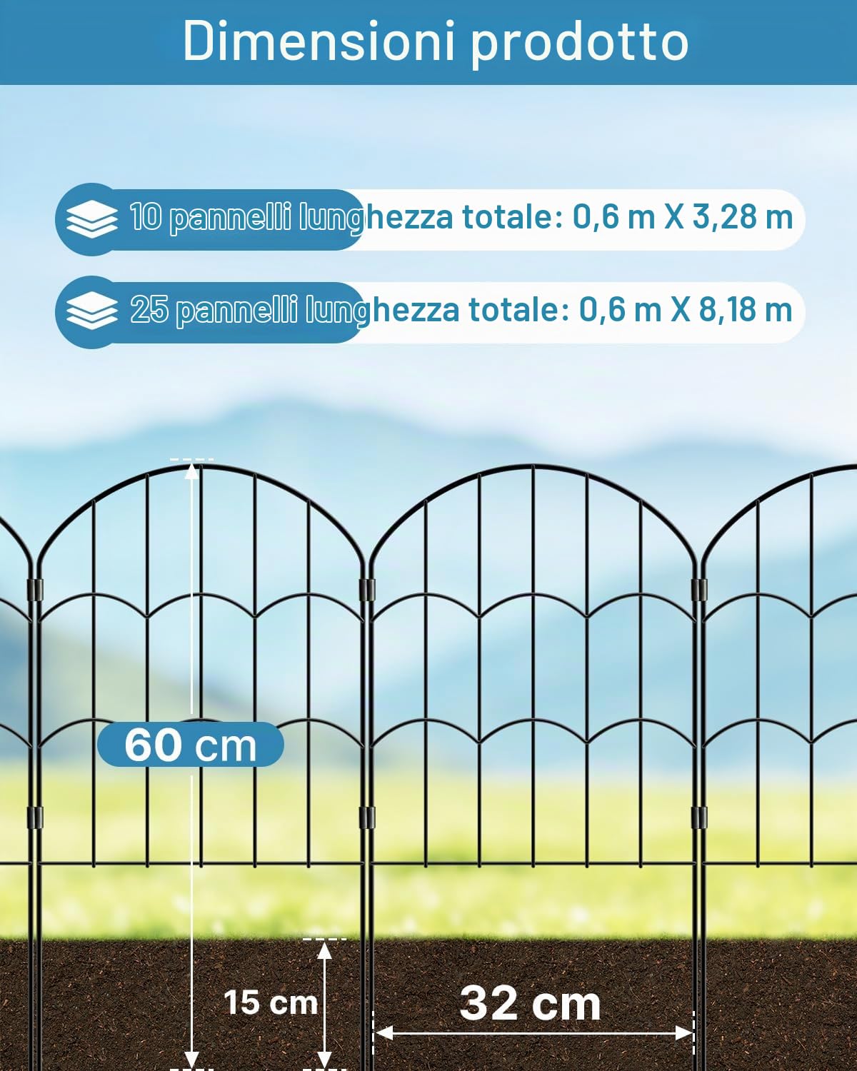 ARIFARO Recinzione da Giardino in Metallo, 61cm A x 33cm L, Lunghezza Totale 3,3 m, 10 Pannelli, Barriera per Piccoli Animali, Bordo Decorativo per Cortile e Giardino