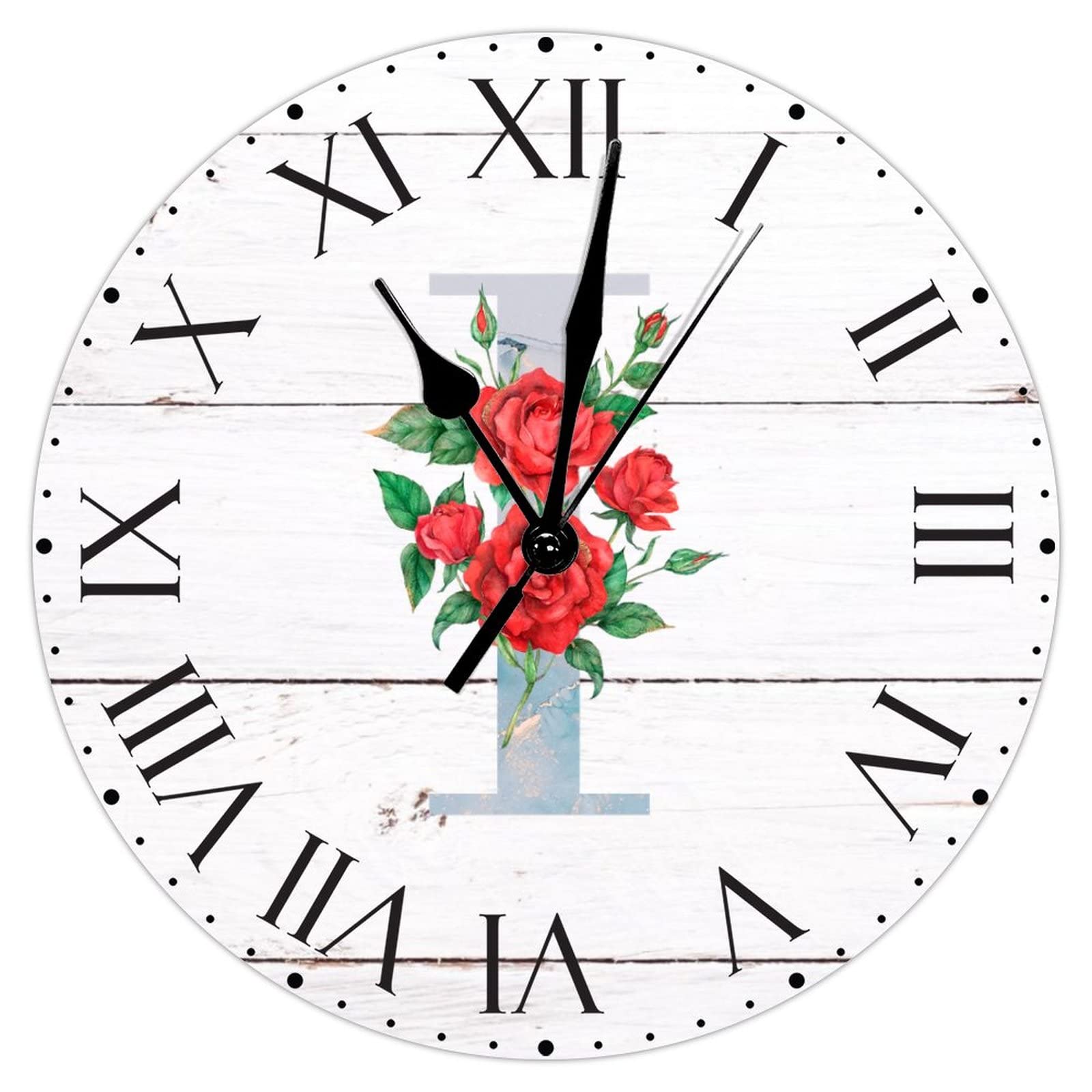 Horloge murale alphabet I rouge floral en PVC 30 cm avec chiffres romains