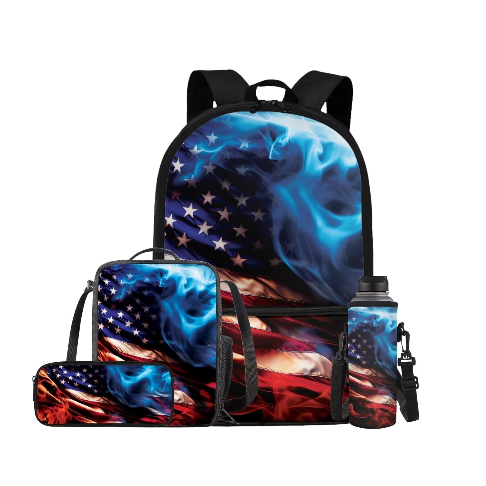 ELEDIZI American Flag Backpack for Boys Kids Backpack with Lunch Box Water Bottle Carrier and Soft Pencil Case 4PCS Set Bookbag with Front Pocket for
