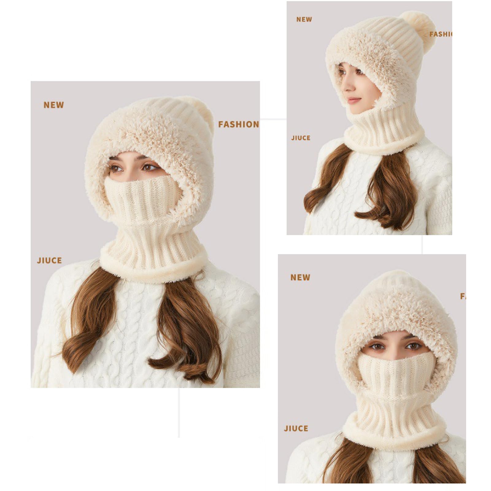 Zaktualizowana wersja Zestaw szalików z dzianiny damskiej, maska narciarska, czapka z polaru dwuwarstwowego z czapkami Bobble Pom Pom,Beige
