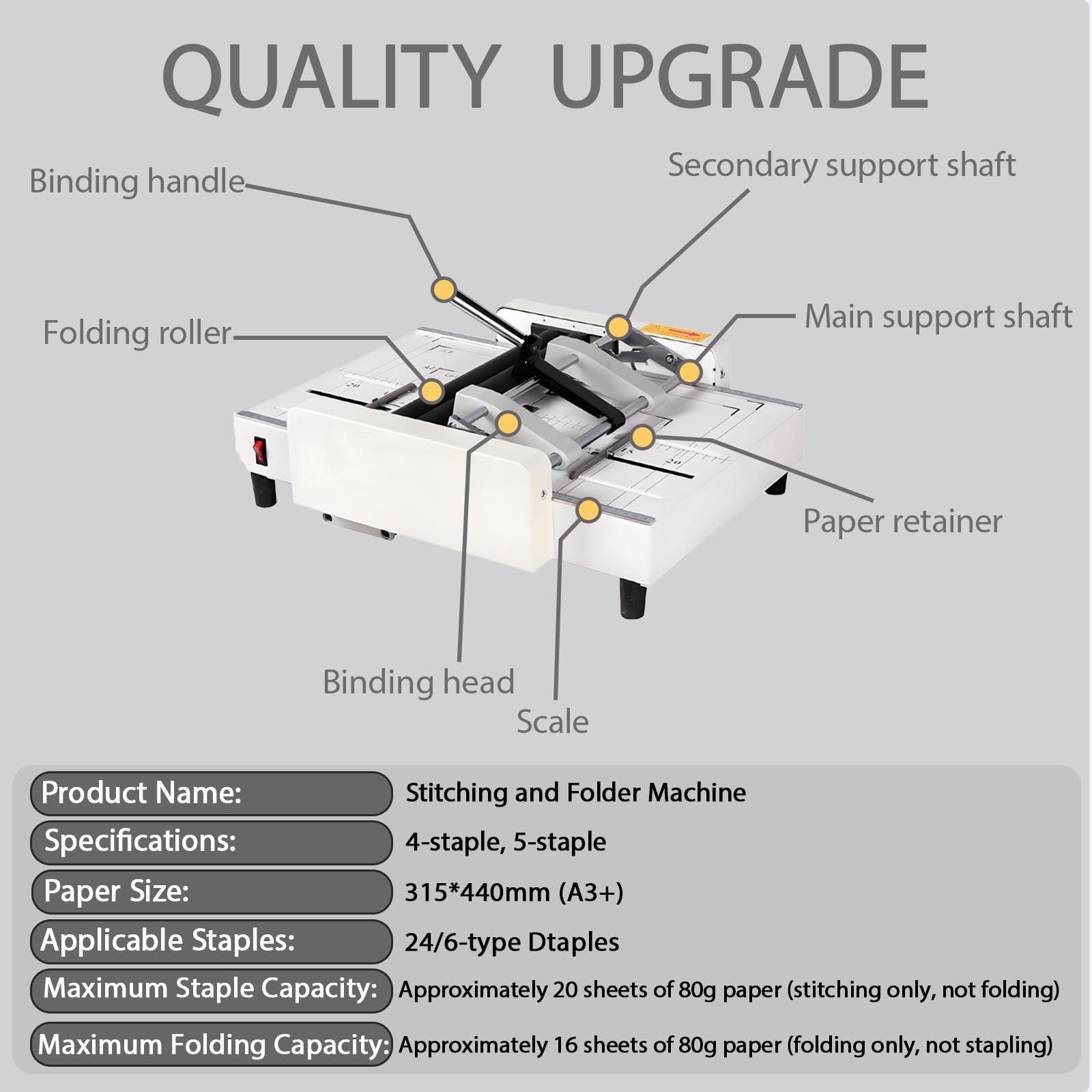 Máquina para hacer folletos, plegable y encuadernadora de papel para copiar y papel revestido, cuenta con guías laterales dobles ajustables y 5 clavos