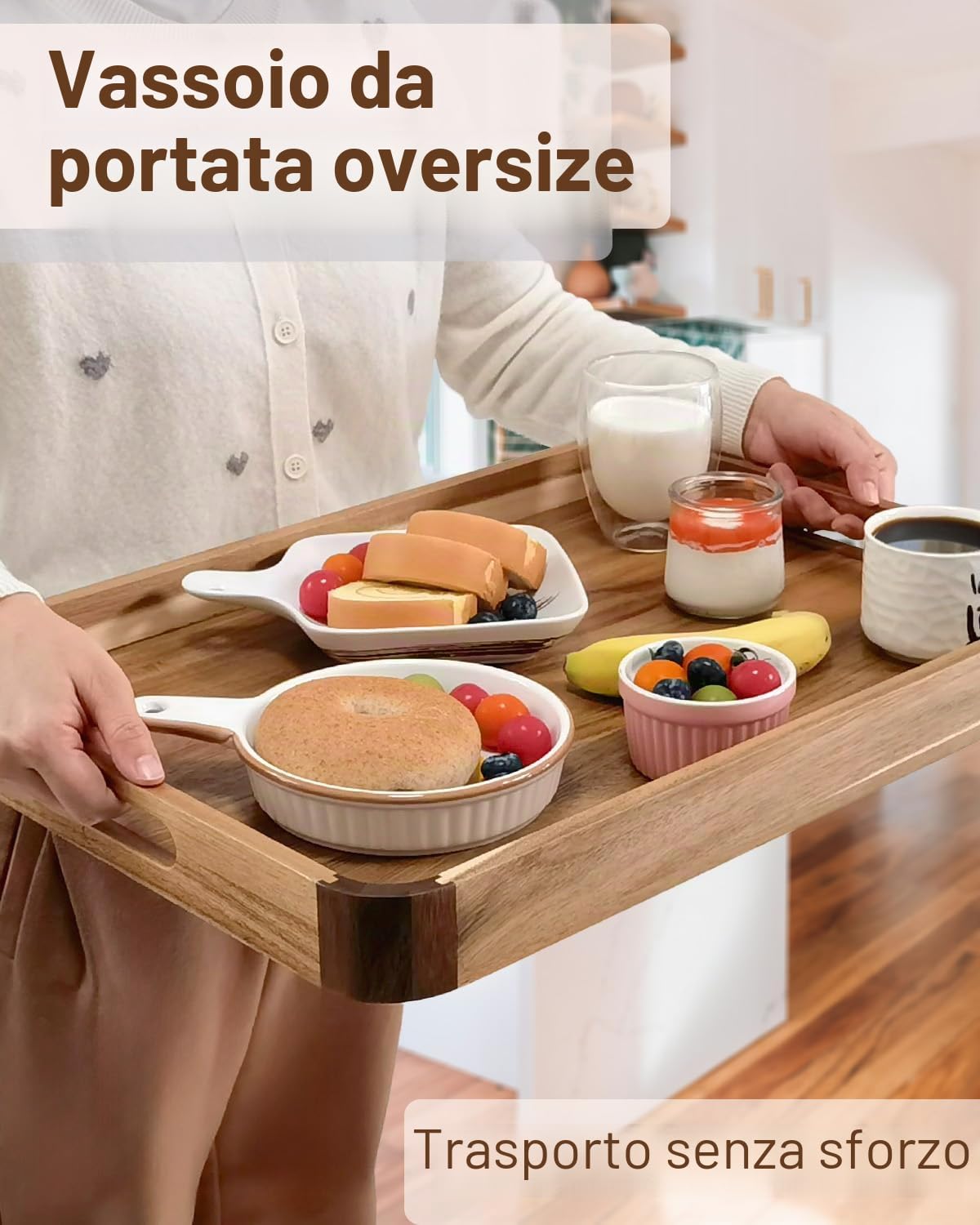 Vassoio da portata in legno di acacia con manici e angoli arrotondati, 55,9 cm | Grande vassoio rettangolare decorativo in legno per soggiorno cucina tavolino divano letto