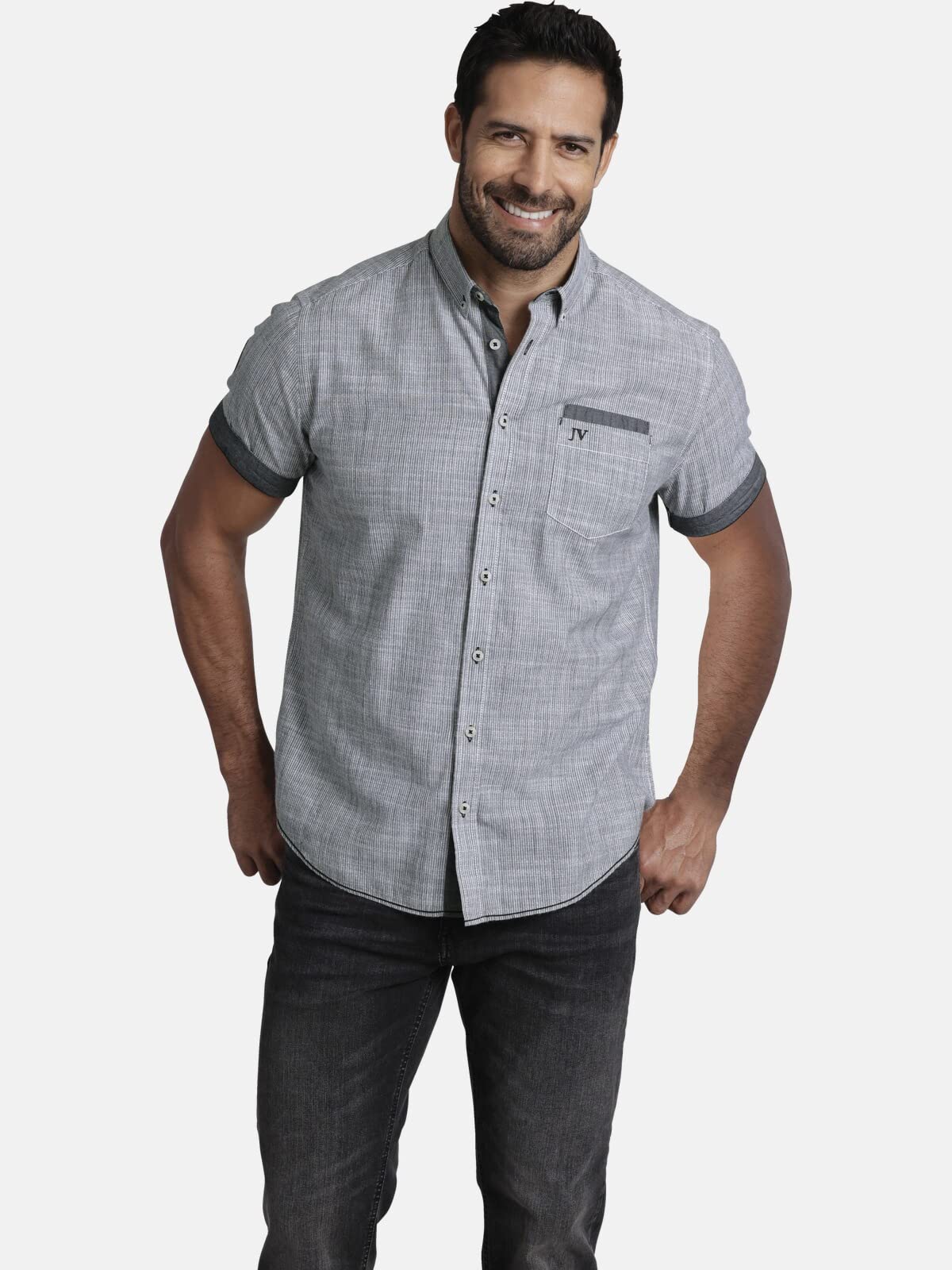 Jan Vanderstorm Herren Kurzarmhemd Milos | in strukturierter Leinen-Optik | Button-Down-Kragen | kurzärmliges Chambray-Hemd aus 100% Baumwolle | große Größen L-7XL