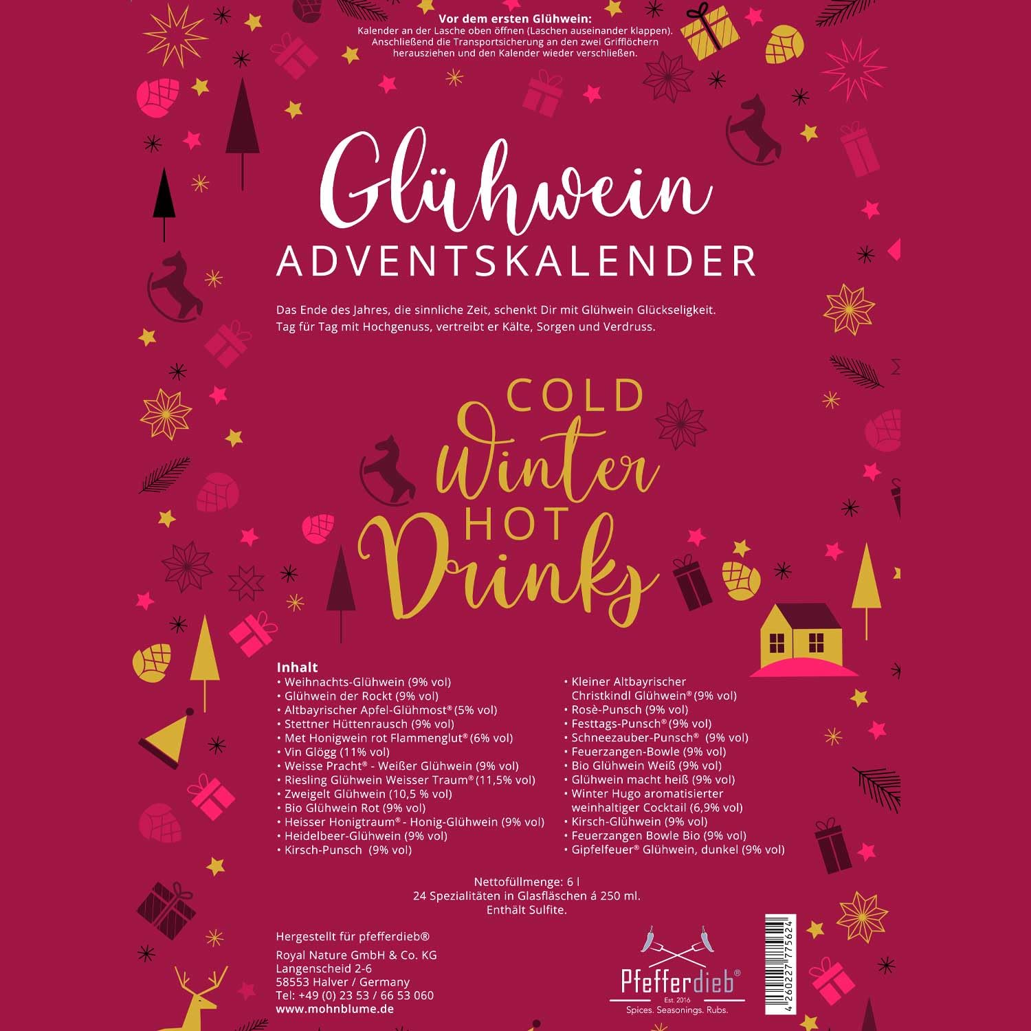 Glühwein Adventskalender, 24 verschiedene Sorten á 250ml (= 6 Liter), Glühwein Set, Probierbox - Pfefferdieb®