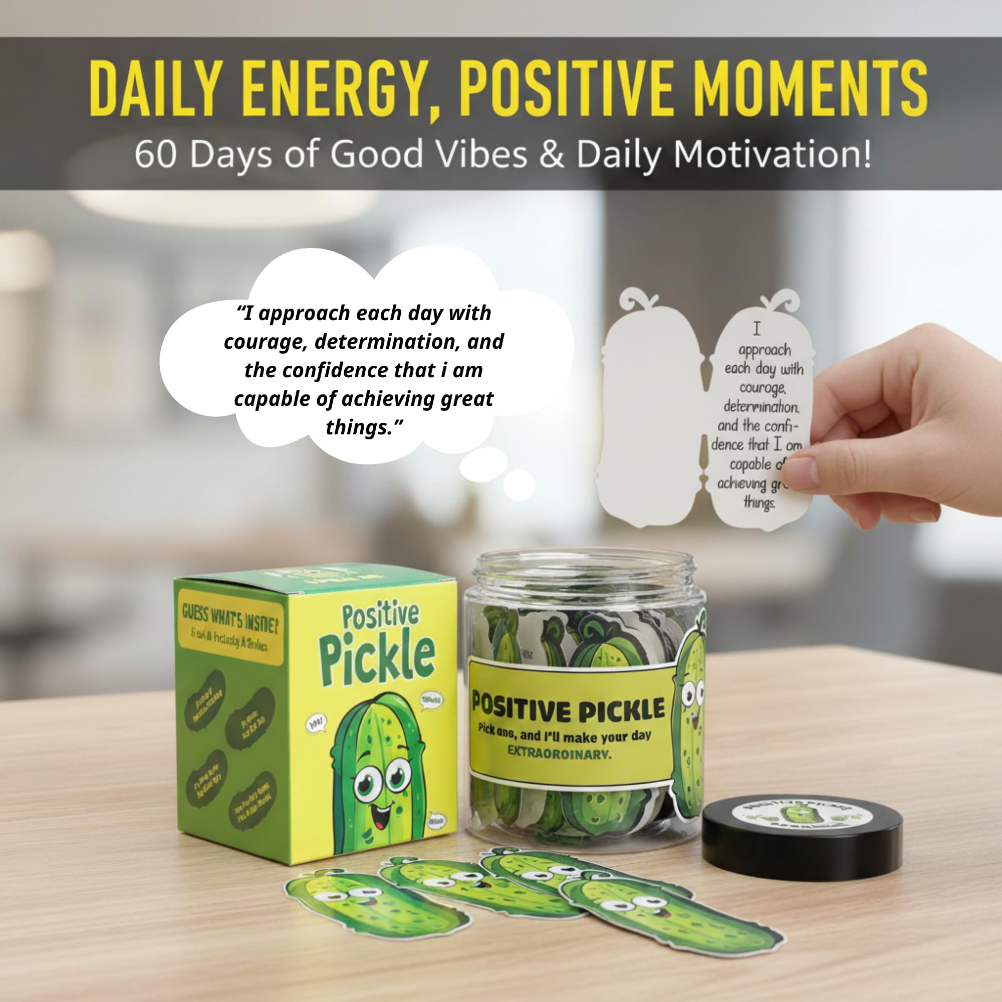 DEARMINE 60 Positive Pickle Cards Jar, Graduation Gifts, Mothers Day Birthday Gifts for Mom, Women, Coworkers, Adults, Teachers, Friends, Teen Boys, Teen Girl Gifts Trendy Stuff