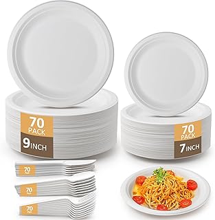 350pcs Compostable Paper Plates Set Eco-Friendly Heavy-Duty Disposable Paper Plates Cutlery Includes Biodegradable Plates, Forks, Knives, Spoons for Wedding Party, 70 Guests