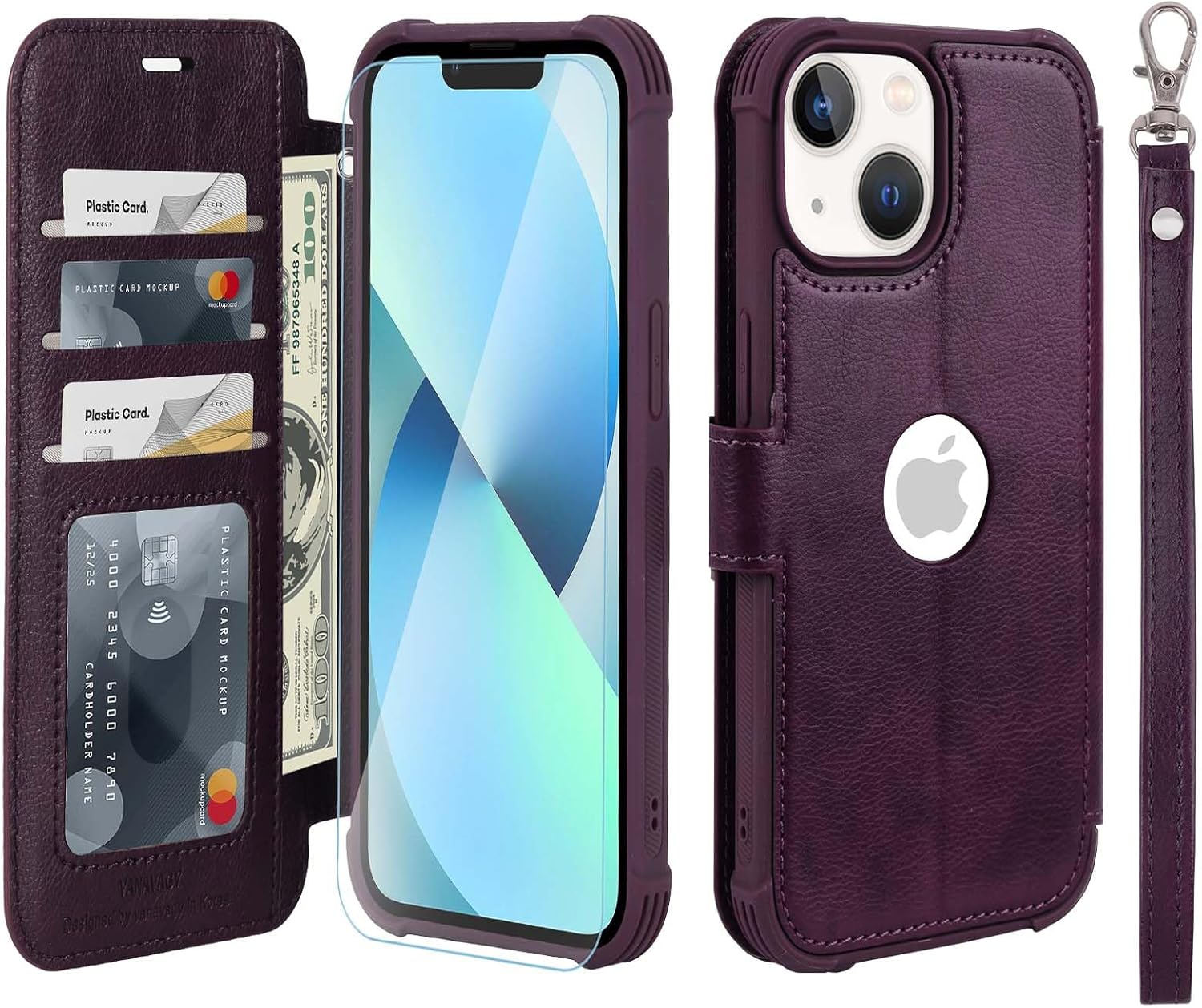 VANAVAGY Compatible for iPhone 13 Pro Max Wallet Case for Women Men, PU Leather Flip Folio Cover with Wristlet for Wireless Charging with RFID Blocking Card Holder Screen Protector,Burgundy