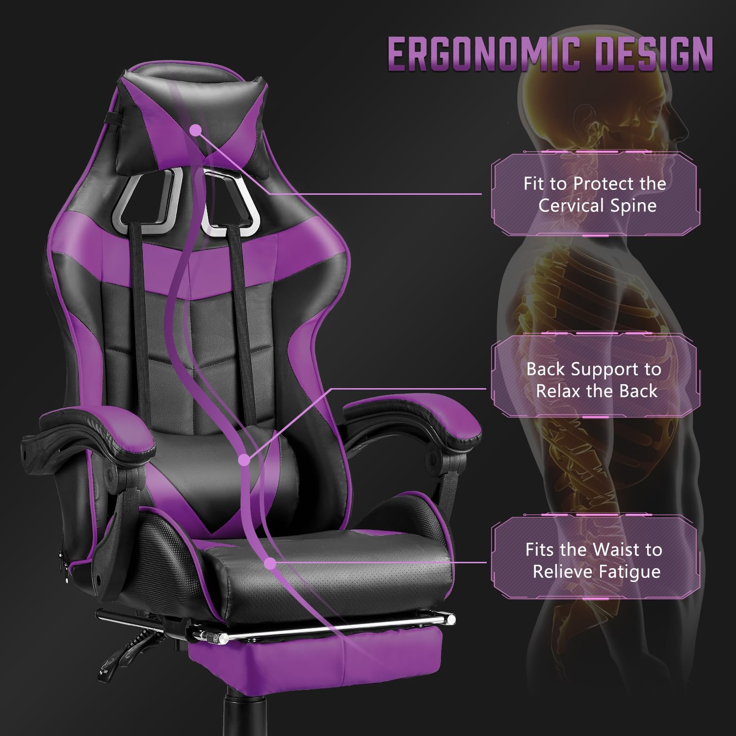 Huracan Gaming-Stuhl Ergonomisch, Gaming Chair PC Stuhl mit Massagefunktion, Atmungsaktiv PU-Leder, Höhenverstellbar Gamer Stuhl, verstellbare Armlehnen, Kopf- und Lendenstütze für Gamer, Lila