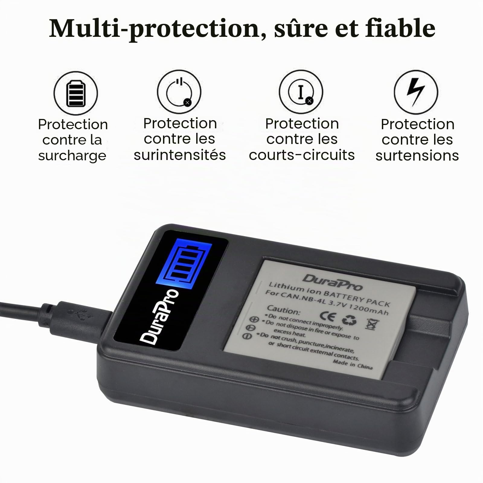 DuraPro Lot de 2 Batteries NB-4L + Chargeur USB LCD pour Canon IXUS 30, 40, 50, 55, 60, 65, 70, 75, 80 is, 82 is, 100 is, 110 is, 115 HS, 120 is, 130, 220 HS, 230 HS, 255 HS, I Zoom, ii7, i7 Zoom
