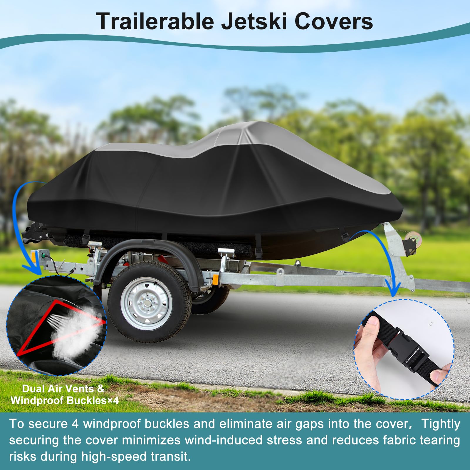 Jetski, telo di copertura impermeabile, 420D, rivestimento in nanosilber, resistente ai raggi UV, accessorio universale Jetski con 2 aperture di ventilazione, strisce impermeabili (argento nero, XXL