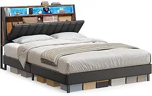 VASAGLE LED Bed Frame Queen Size, Storage Headboard and Charging Station, Queen Bed Frame with 2 AC Outlets, 1 USB Port, 1 Type-C Port, No Box Spring Needed, Ink Black and Rustic Brown URMB841B01