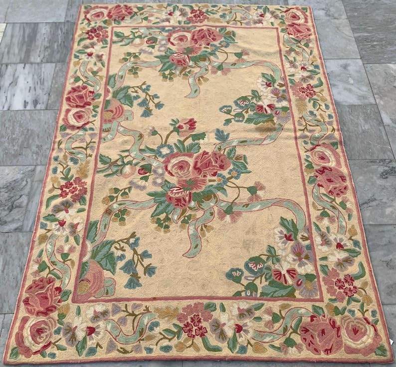 4x6 Vintage Handmade French Style Aubusson Needlepoint Rug – Home Decor Carpet – 175 × 123 cm