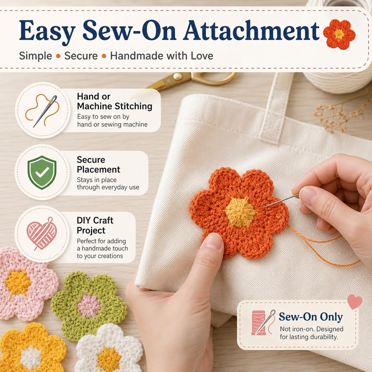 Flower Sew On Patches, Crochet Floral Applique, DIY Embellishments for Clothes Dress Jeans Jackets Hat Shoes Bags, 6 Colors, 6 Pieces image 4