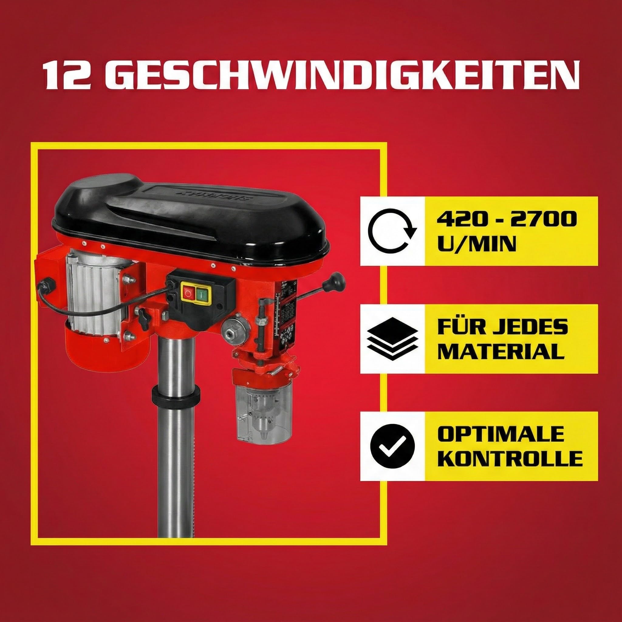 Hecht Profi Standbohrmaschine mit starken 600 Watt – 12-stufige Drehzahlregelung, schwenkbar- und höhenverstellbarer Bohr-tisch – Späneschutz - Praktische Säulenbohrmaschine, Tischbohrmaschine