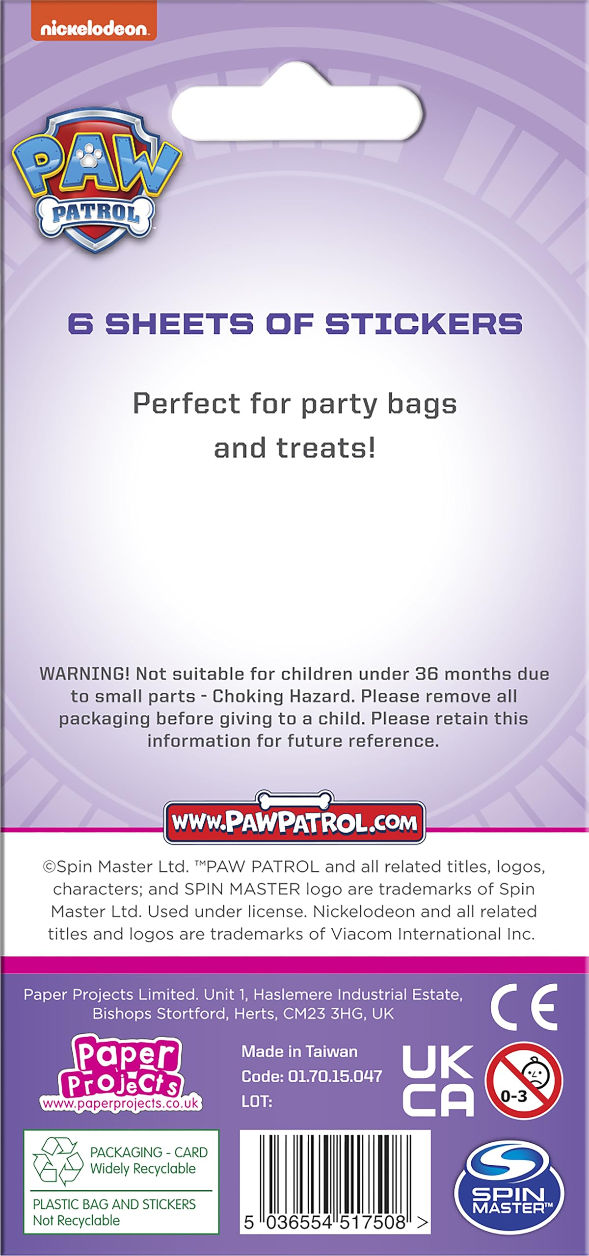 Paper Projects Paw Patrol Lot De 6 Autocollants Roses Pour Sac De Fête | Produit Sous Licence Officielle | Parfait Comme Sac De Fête Ou Cadeau De Noël, 12,5 Cm X 7,5