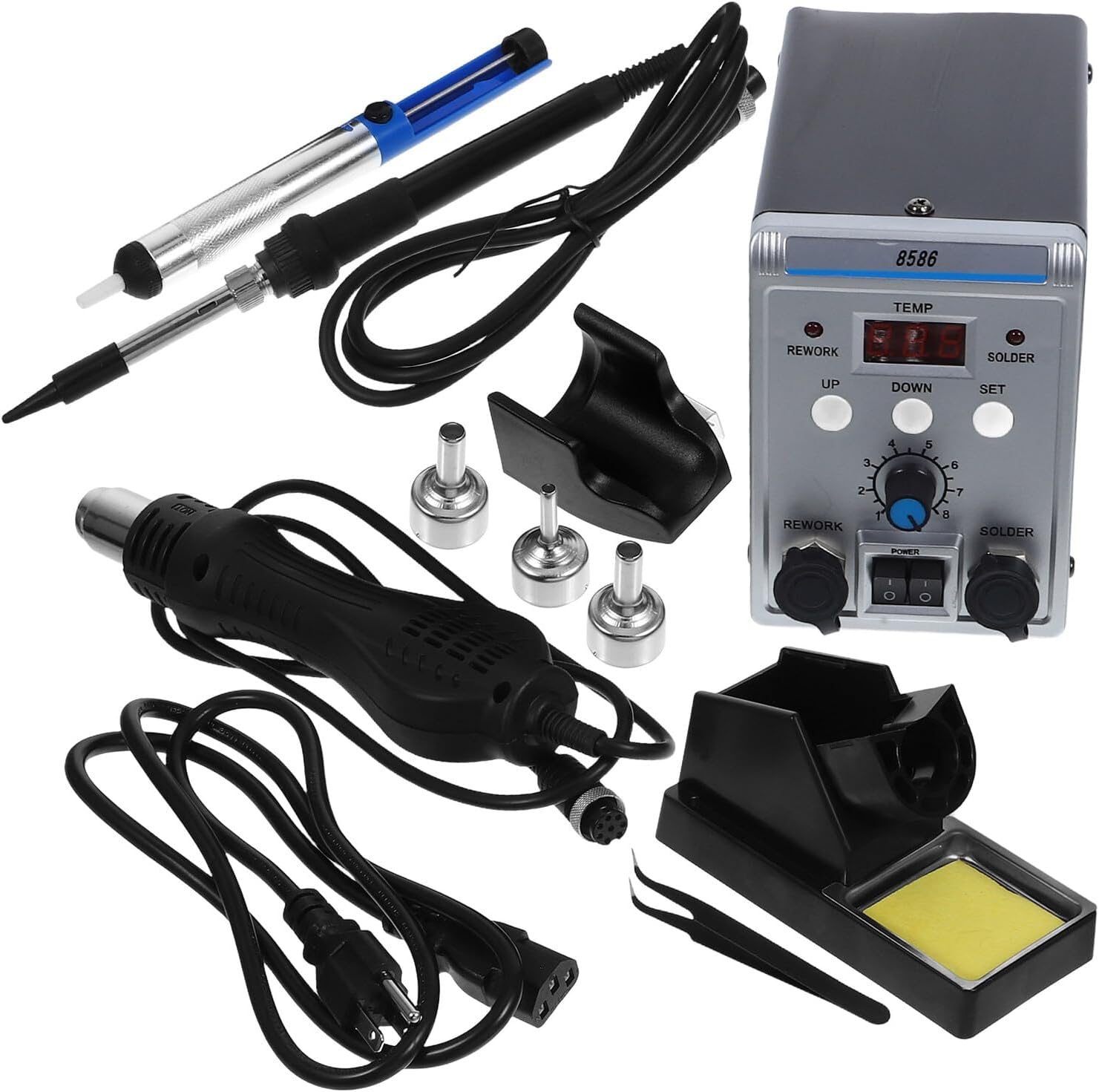 High Power Soldering Station with Hot Air Rework Function Rapid Heating Electric Iron Bent Tip Tweezer and Solder Sucker Included Digital Display Multi-function Repair Kit for