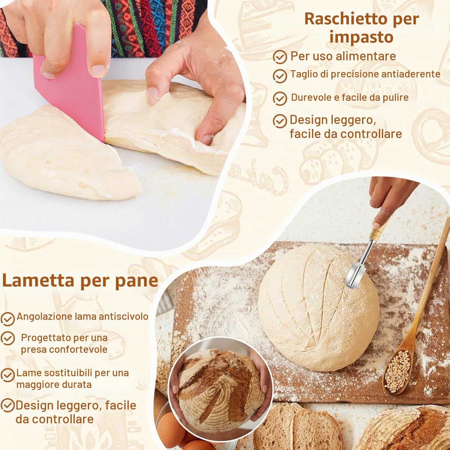 Kit Cestino Lievitazione Pane, Incl. Cestini Lievitazione Pane Rotondi 23cm & Ovale 25cm, Copertura per Impasto, Bread Lame, Tagliapasta Spatola, Pennello da Cucina - Kit Panificazione