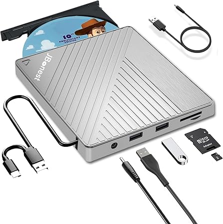 External CD DVD Drive USB 3.0 Type C, External with SD/TF Card Reader, Portable RW Burner, Fast Data Transfer for Laptop, Desktop, MacBook, Win11/10/8/7/XP, Linux, Mac OS, Vista