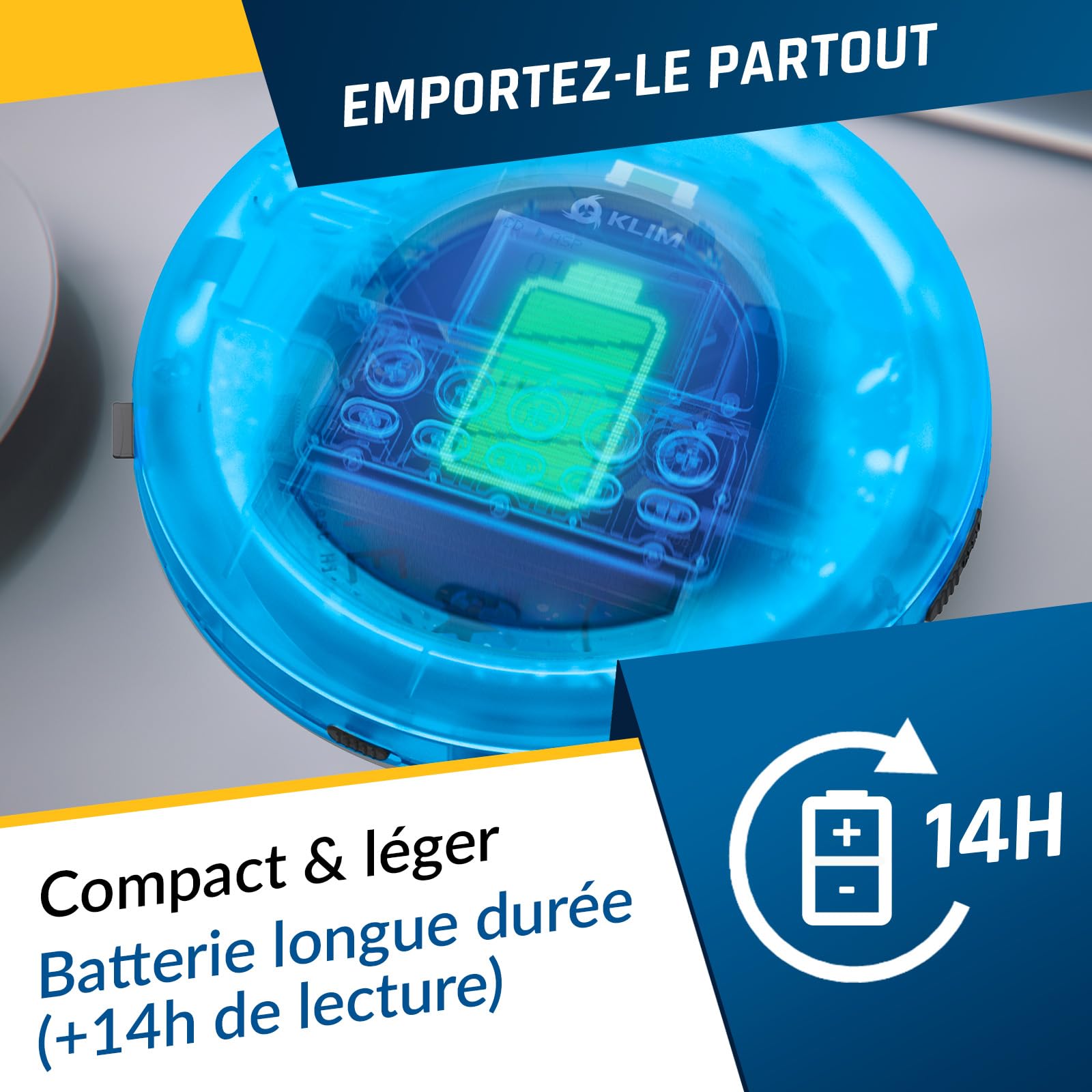 Nomad Lecteur CD Portable Bluetooth - Batterie Longue Durée - Radio FM TF | Écouteurs Inclus, Double Port Audio, Carte TF, Radio FM, Protection Anti-Saut, Câble AUX Voiture - Bleu Transparent