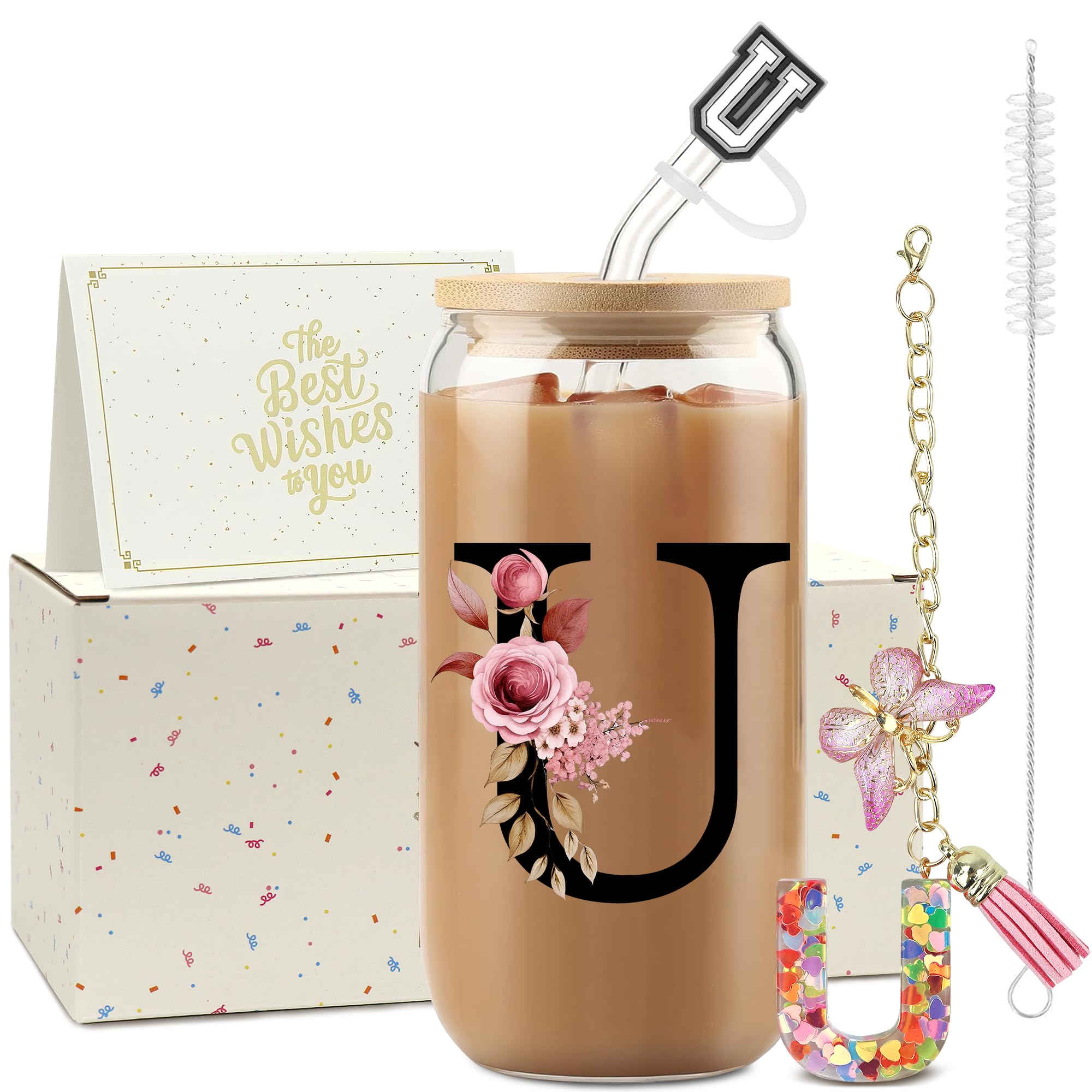 ZIOISNM A-Z Buchstaben Glasbecher mit Deckel und Strohhalm, Personalisierte Geschenke für Frauen zum Geburtstag, Weihnachten, Valentinstag
