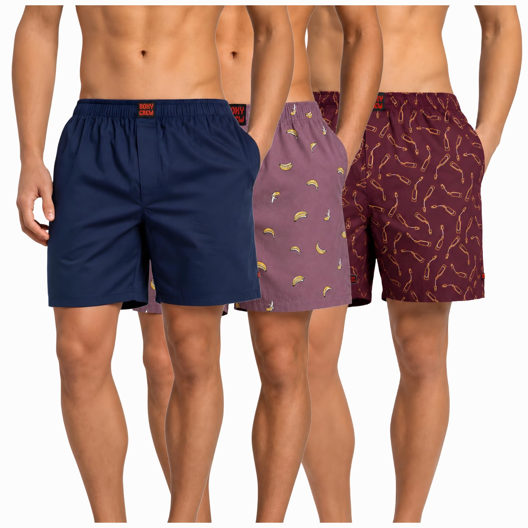 Men's 100% Cotton Boxer Shorts Pack of 3, Navy Blue, Rose Pink & Maroon | Woven Boxers with Side Pockets, No-Marks Elastic Waistband, Breathable Relaxed Fit | Style 002-006-014-image-30