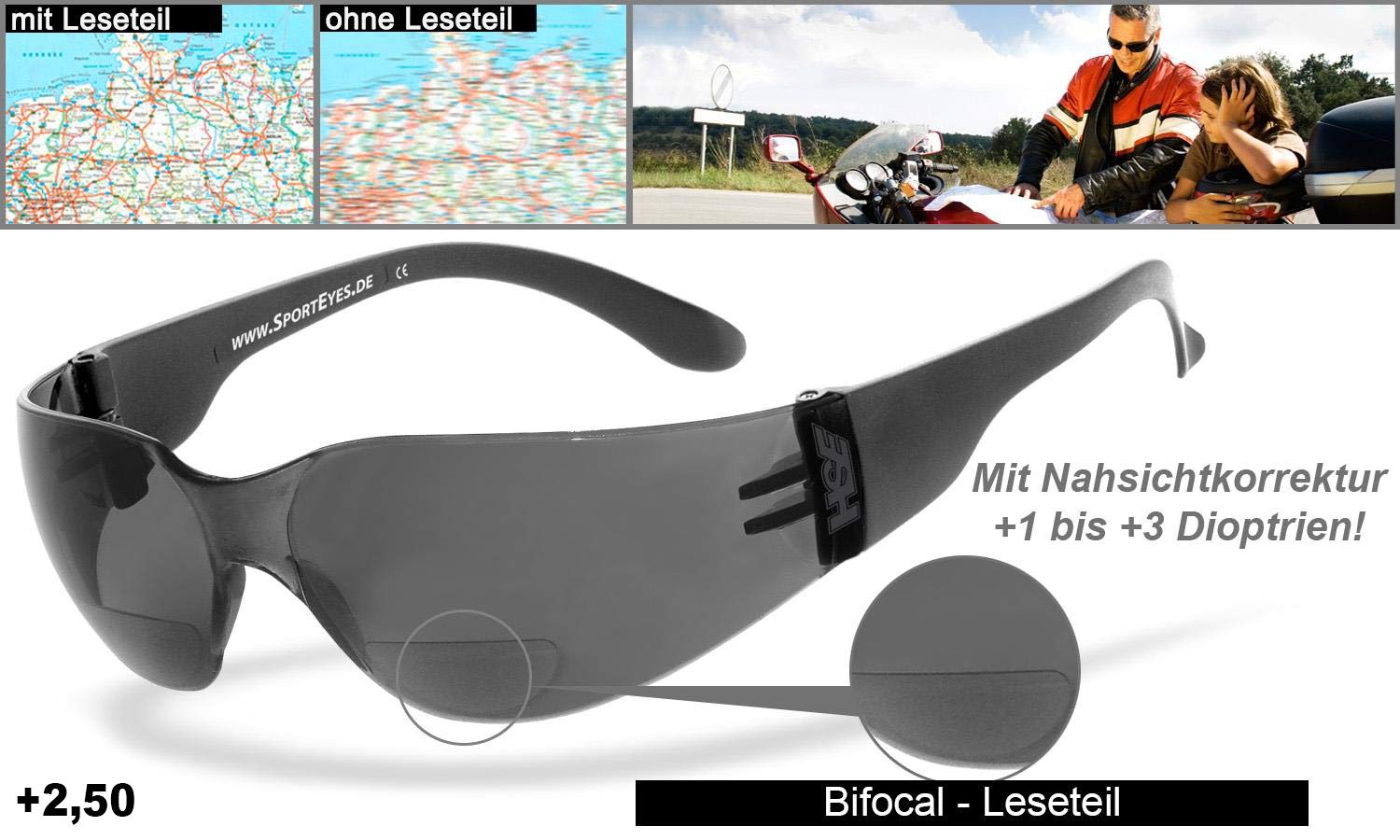 HSE® SportEyes® | okulary BIFOKAL: +2,50 DIOPTRIEN | okulary sportowe z pomocą do czytania | filtr ochronny UV400, HLT® szkło bezpieczne z tworzywa sztucznego zgodne z normą DIN EN 166 | okulary sportowe, okulary dla motocyklistów, okulary rowerowe z kore