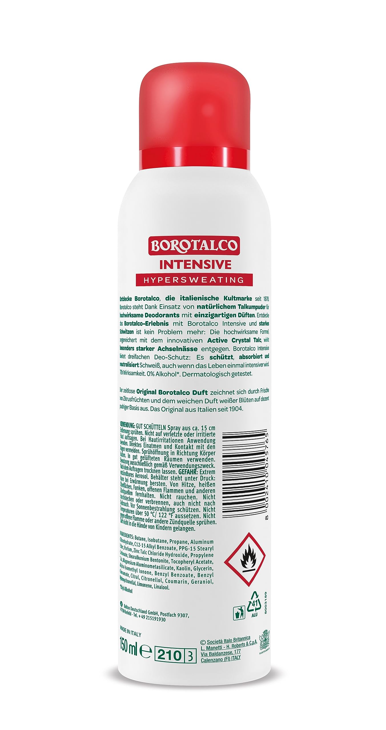 Borotalco Intensive - Deospray 12x150ml - 72 Stunden Wirksamkeit - Formel mit Active Crystal Talc für dreifachen Schutz gegen Schweiß- Herren & Damen - Bodyspray