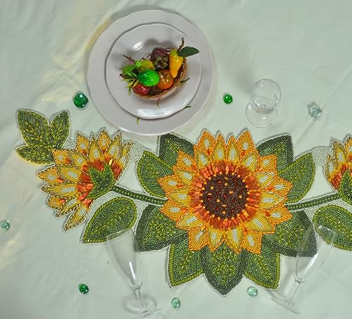 HM Creation Camino de mesa de girasol, camino de mesa con cuentas hecho a mano, decoración de mesa de diseño de 13 x 36 pulgadas