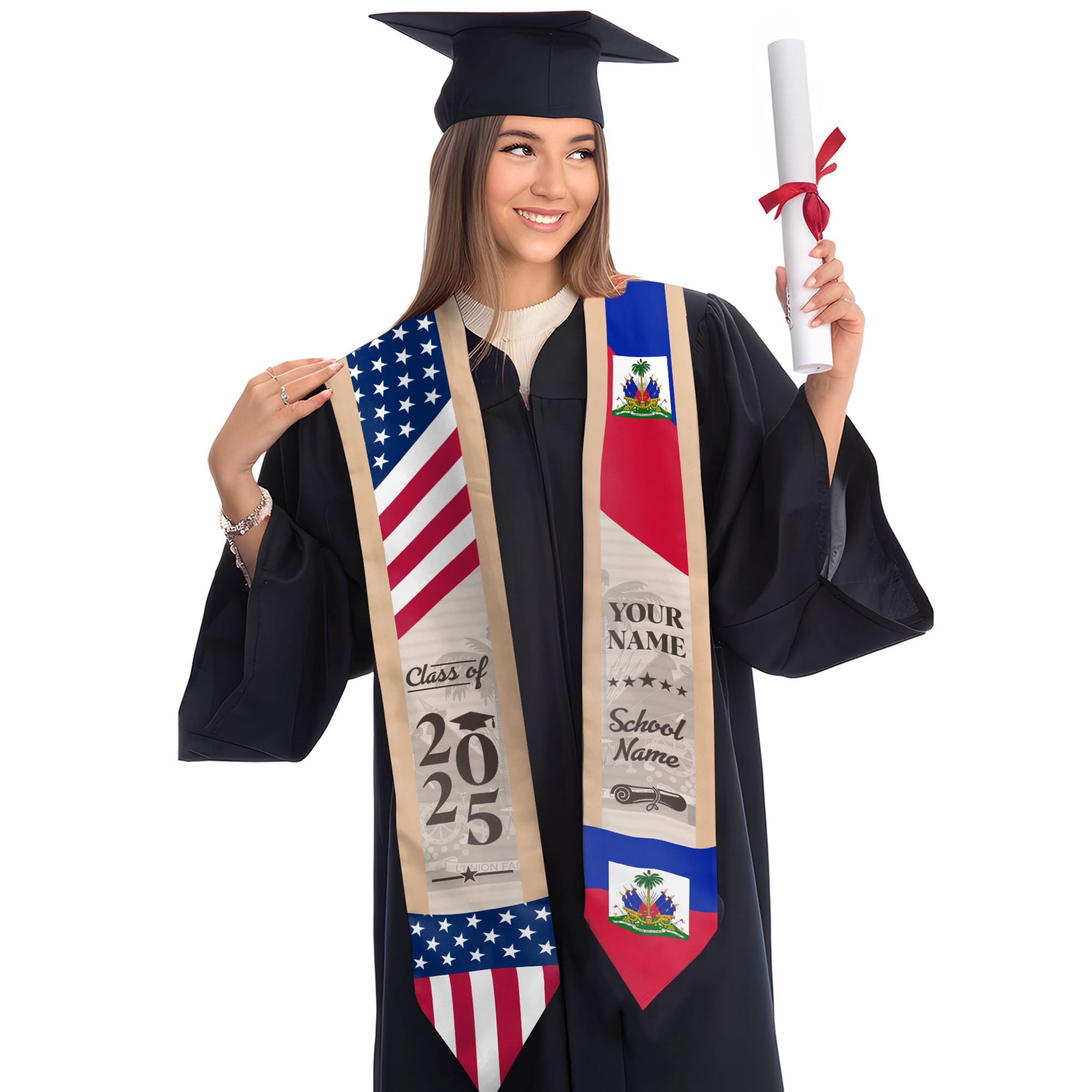 MonkeyVan Personalized Haiti Graduation Stole Sash 2025, Haitians American Flag Graduation Sash, Graduation Stole Haiti Gifts Ht 6