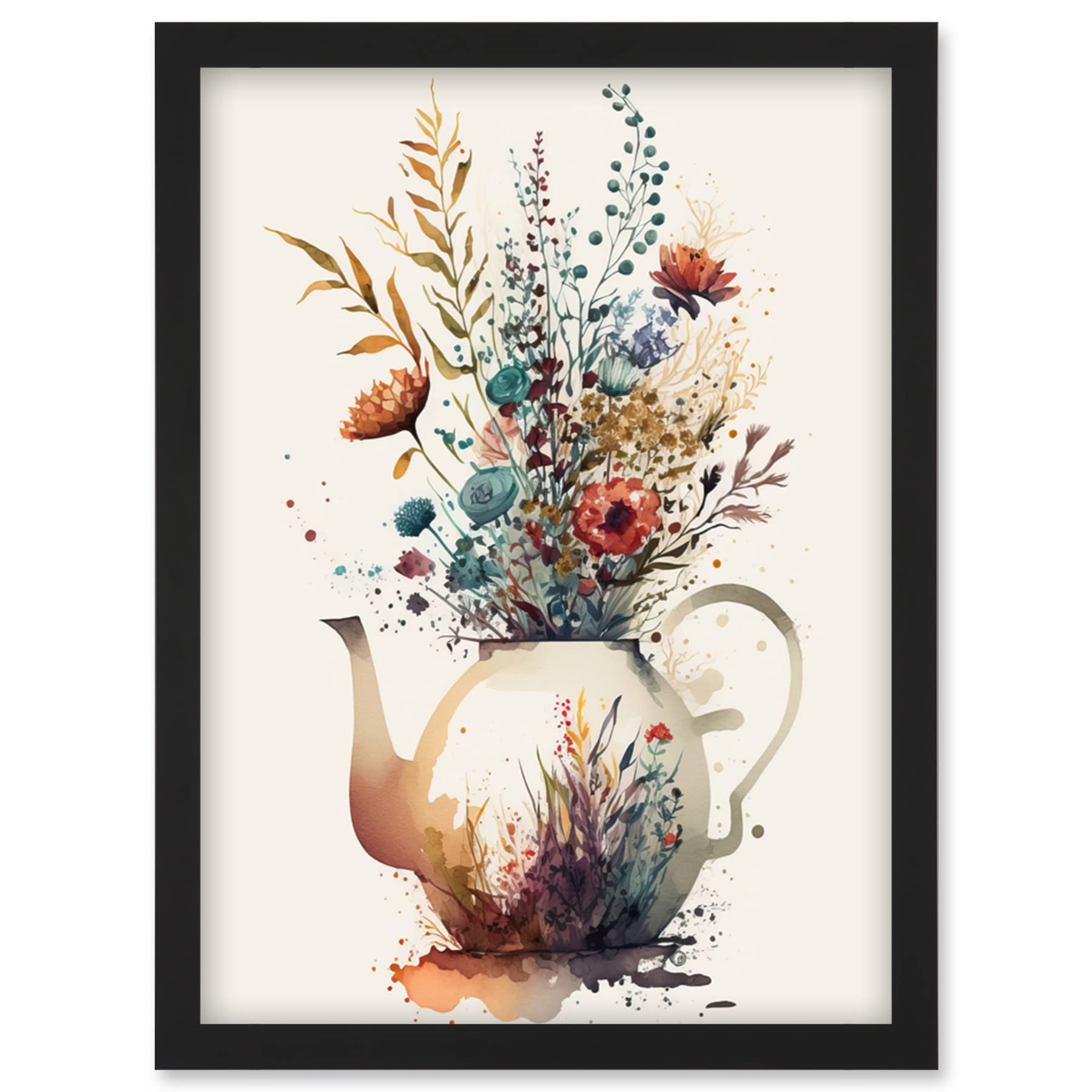 Artery8 Wildflower Bouquet Teapot Vase Framed Art Print A4 - Wall Art
