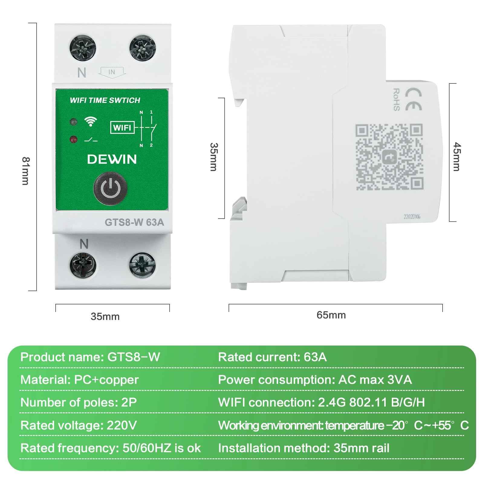 DEWIN WiFi Temporizador Inteligente, 2P CA 230V 63A Rele WiFi Interruptor Inteligente Tuya App Control Temporizador con Programación Instalación en Carril DIN GTS8-W