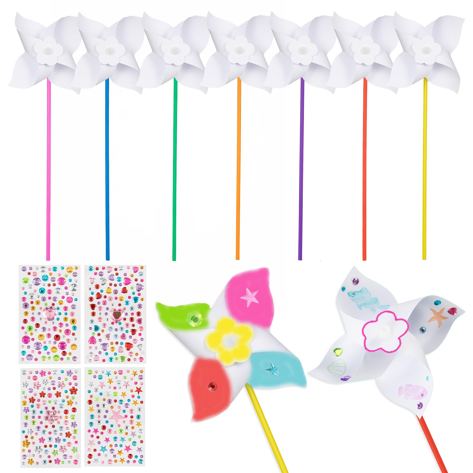 36 Set DIY Paper Pinwheels with Gem Stickers, White Blank Wind Spinners for Kids Classroom, Daycare Projects Summer Spring Outdoor Activities Crafts