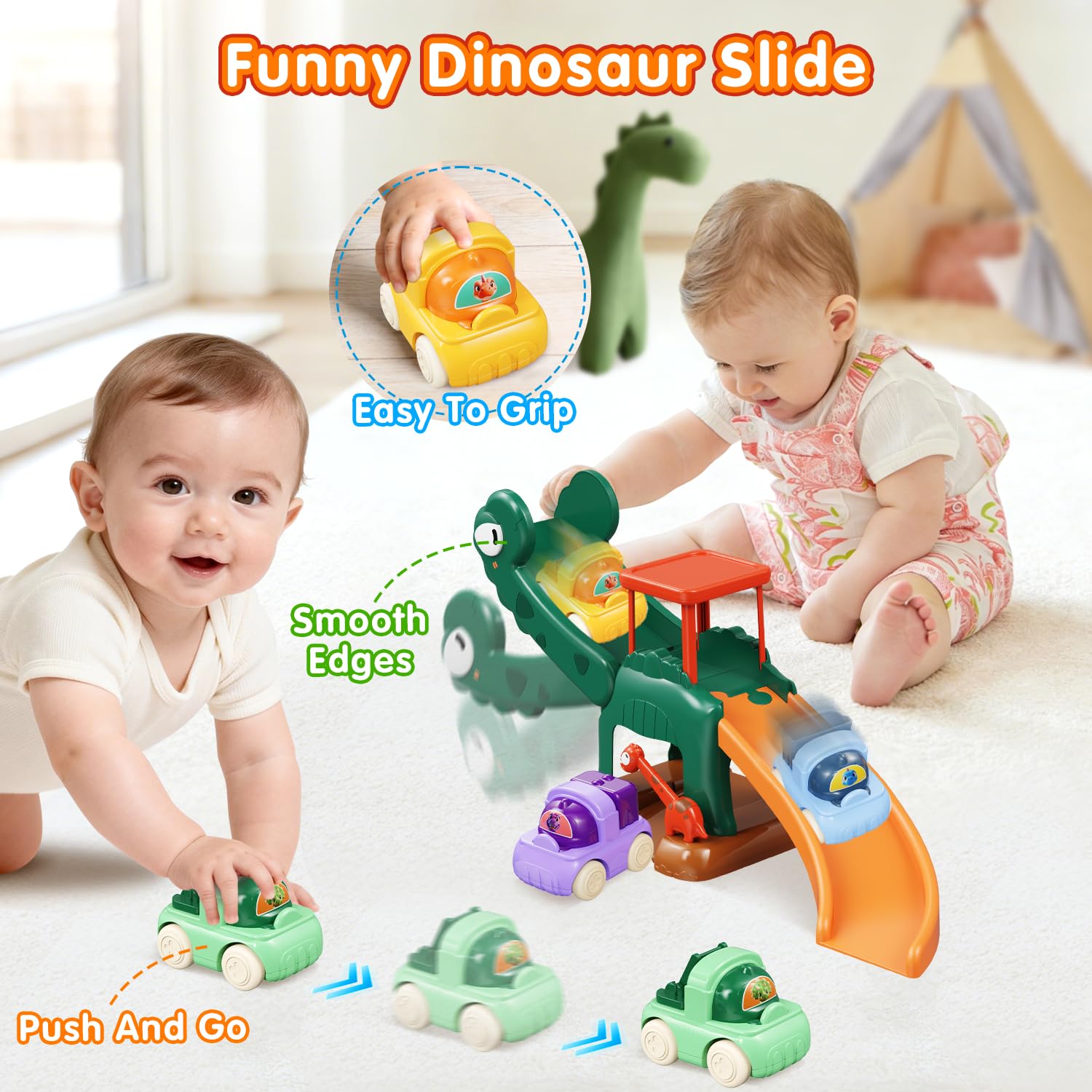 Juguete de Diapositivas de Dinosaurio para niños 1-2 años Que Contiene 4 Juguetes de Carrito, Regalo de Pascua para el Primer cumpleaños de los niños, Juguete de Aprendizaje Montessori Edad 1-2