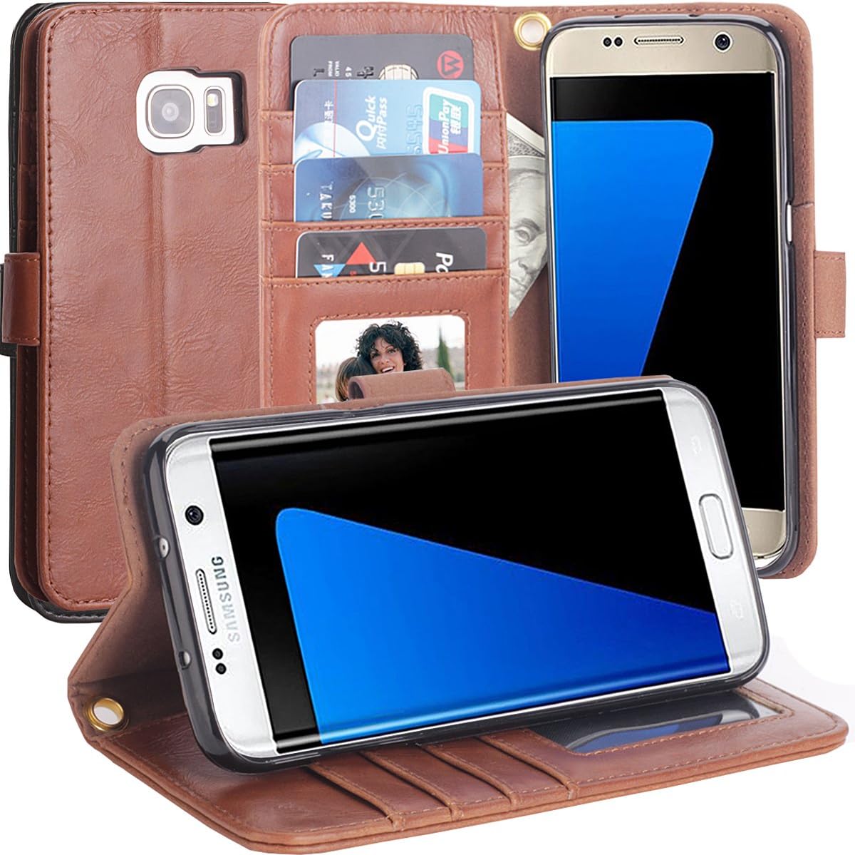 Modroid S7 Edge Case, Retro Pu Leather Wallet Case with Stand 4 Credit Card/ID Card SlotsPockets Flip Cover for Samsung Galaxy S7 Edge Brown
