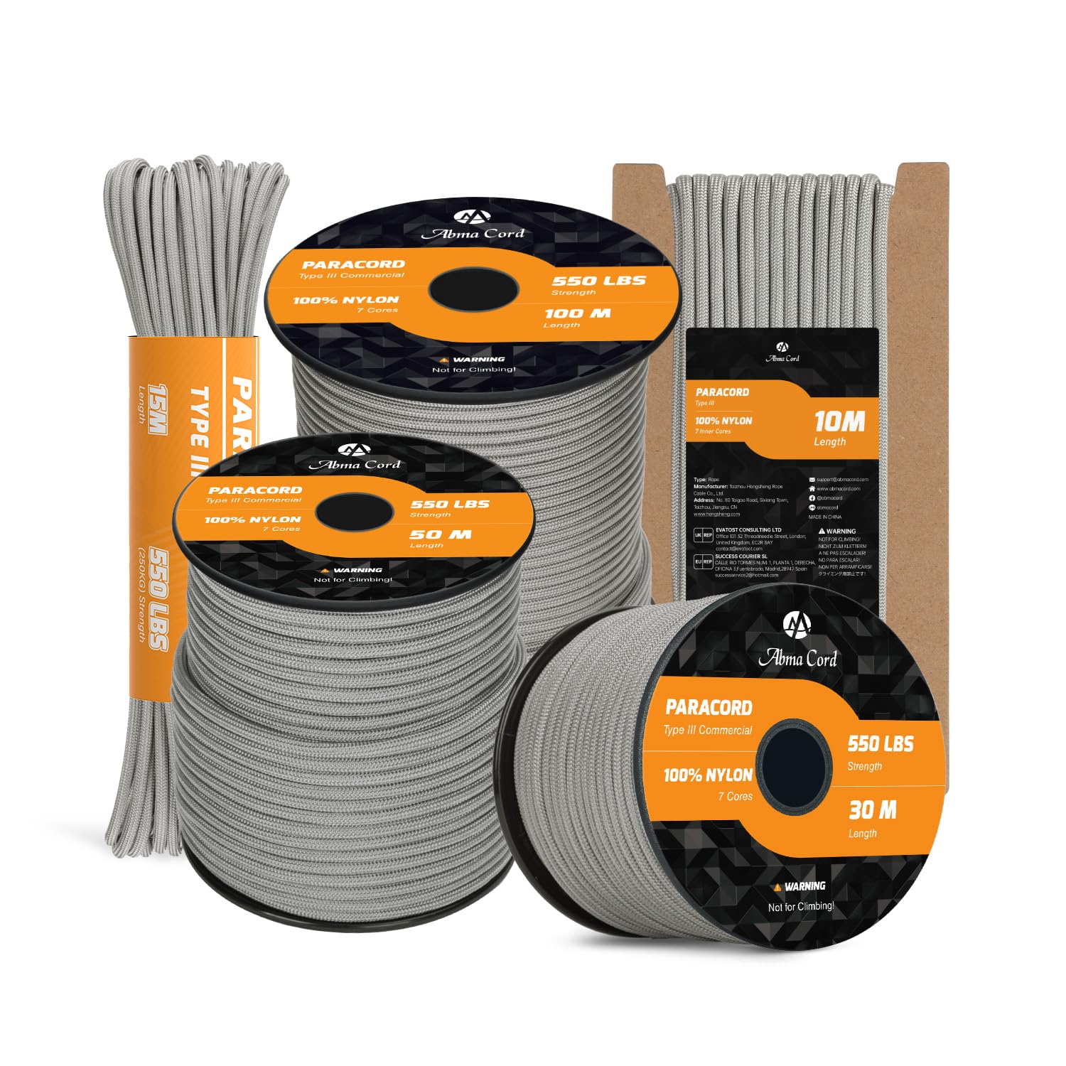 Abma Cord Paracord 550 4mm 10m 100% Nylon Rope Type III 7 Strands Parachute Cord for DIY, Camping, Survival, Outdoor - Max. 250kg - Grey