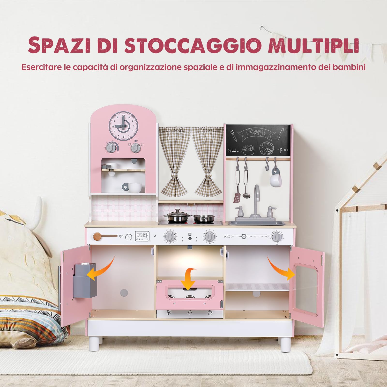 EDUBEBO Set da cucina per bambini, regolabile in altezza, viene fornito con vari accessori da cucina, giochi di ruolo per bambini dai 3 agli 8 anni (rosa)