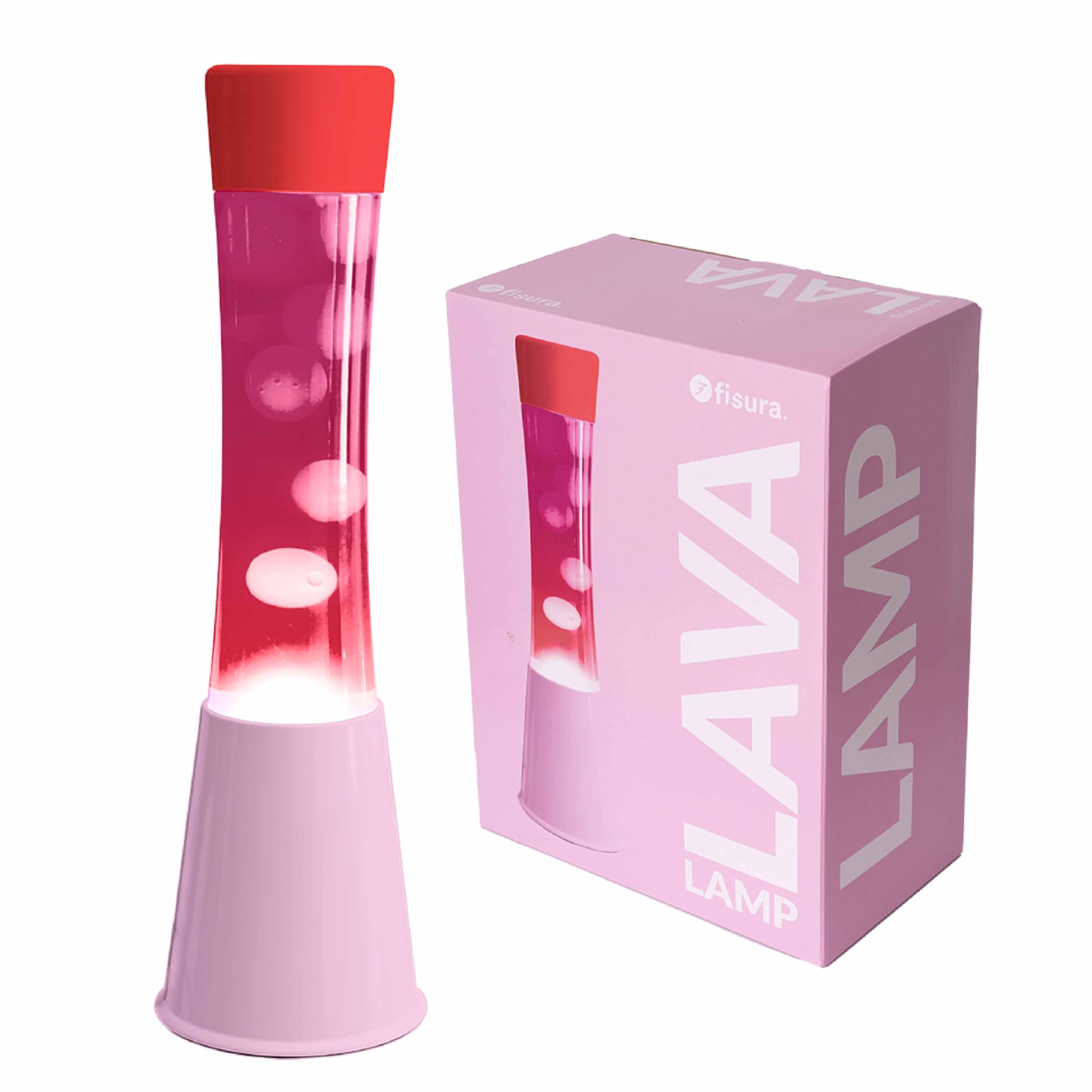 Fisura - Lámpara de lava rosa. Base rosa, líquido, lava transparente y tapa. Lámpara efecto relajante. Con bombilla de repuesto. 11 cm x 11cm x 39,5 cm.