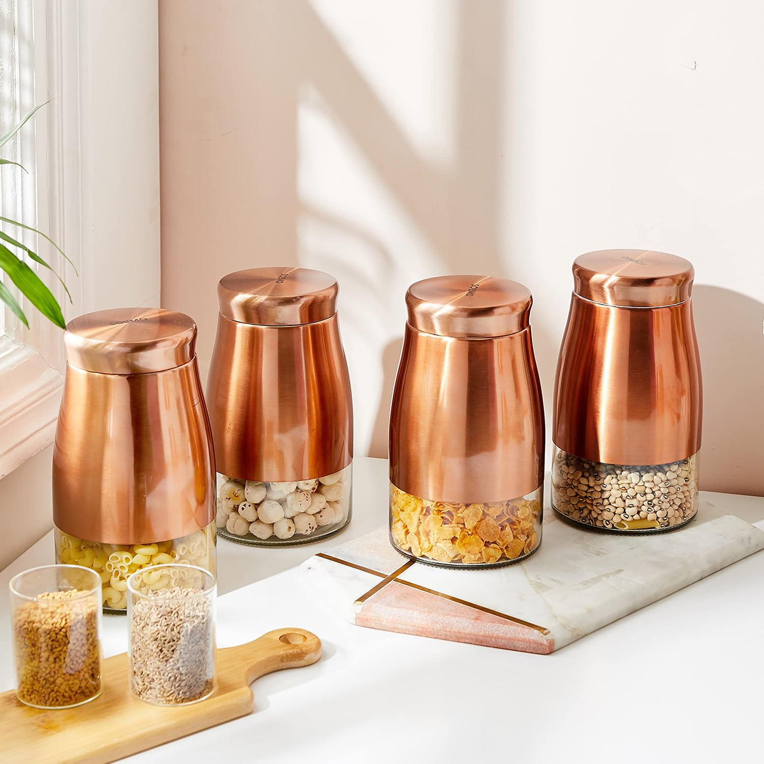 Amazon Brand - Solimo Rose Gold Tapered Glass Jar | Multipurpose Kitchen Organizer with See-Through Window | 1150 ml Set of 4 offers donot miss