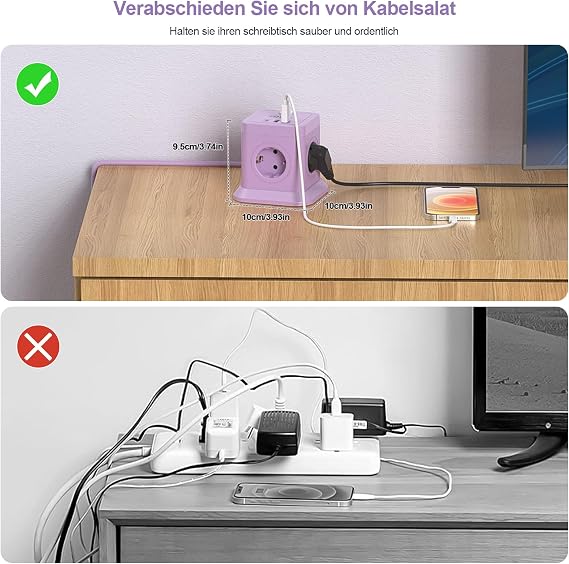 FDTEK Lila Steckdosenwürfel mit USB C 7-in-1 Würfel Mehrfachsteckdose 4 Fach Mehrfachstecker mit Schaltbar 2500W/10A 2 USB-A und 1 USB-C Tragbar Cube Steckdosenleiste für Büro Hause 18M Kabel