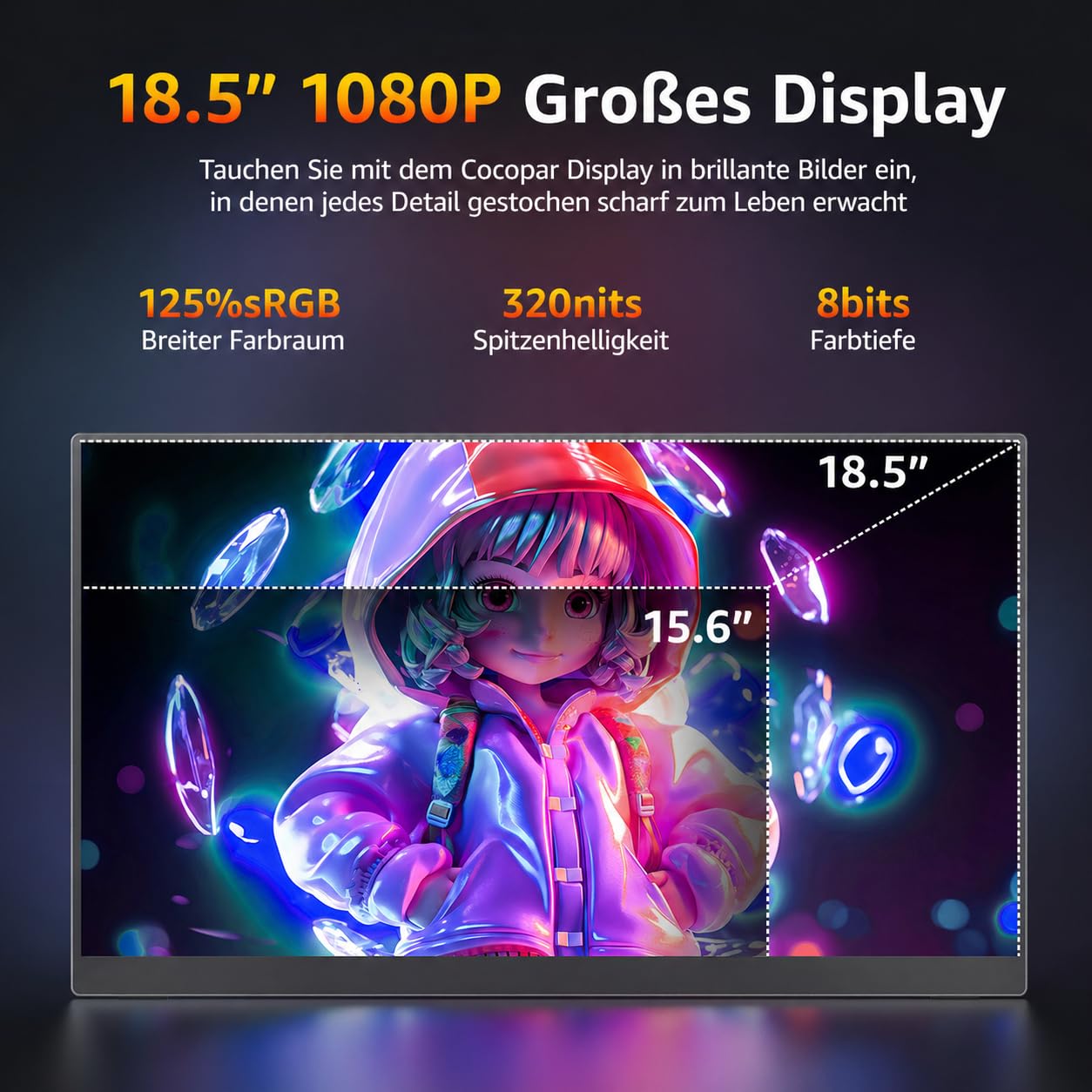 cocopar Portable Monitor 18.5 Zoll 1080P FHD 120% sRGB Mobiler Bildschirm Lautsprecher HDMI USB-C Tragbarer Monitor für Laptop MacBook Surface PC Xbox PS4/5, VESA montierbar mit Integrierter Ständer