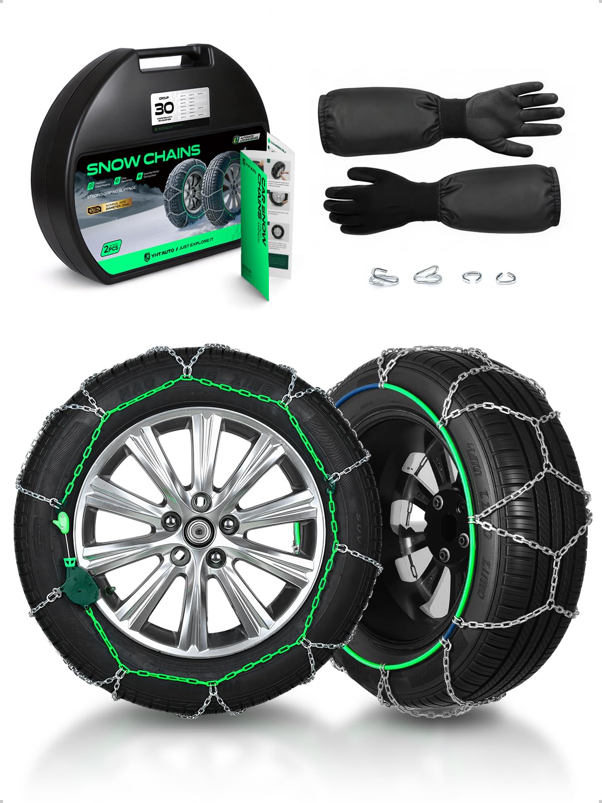 - YHTAUTO Set of 2 Snow Chains 12MM Fit 195/70R14 195/65R15 205/60R15 195/55R16 215/45R17 Pickup Truck SUV Passenger Car Tire Chains Auto-Tightening Quick Installation, Anti-slip Traction