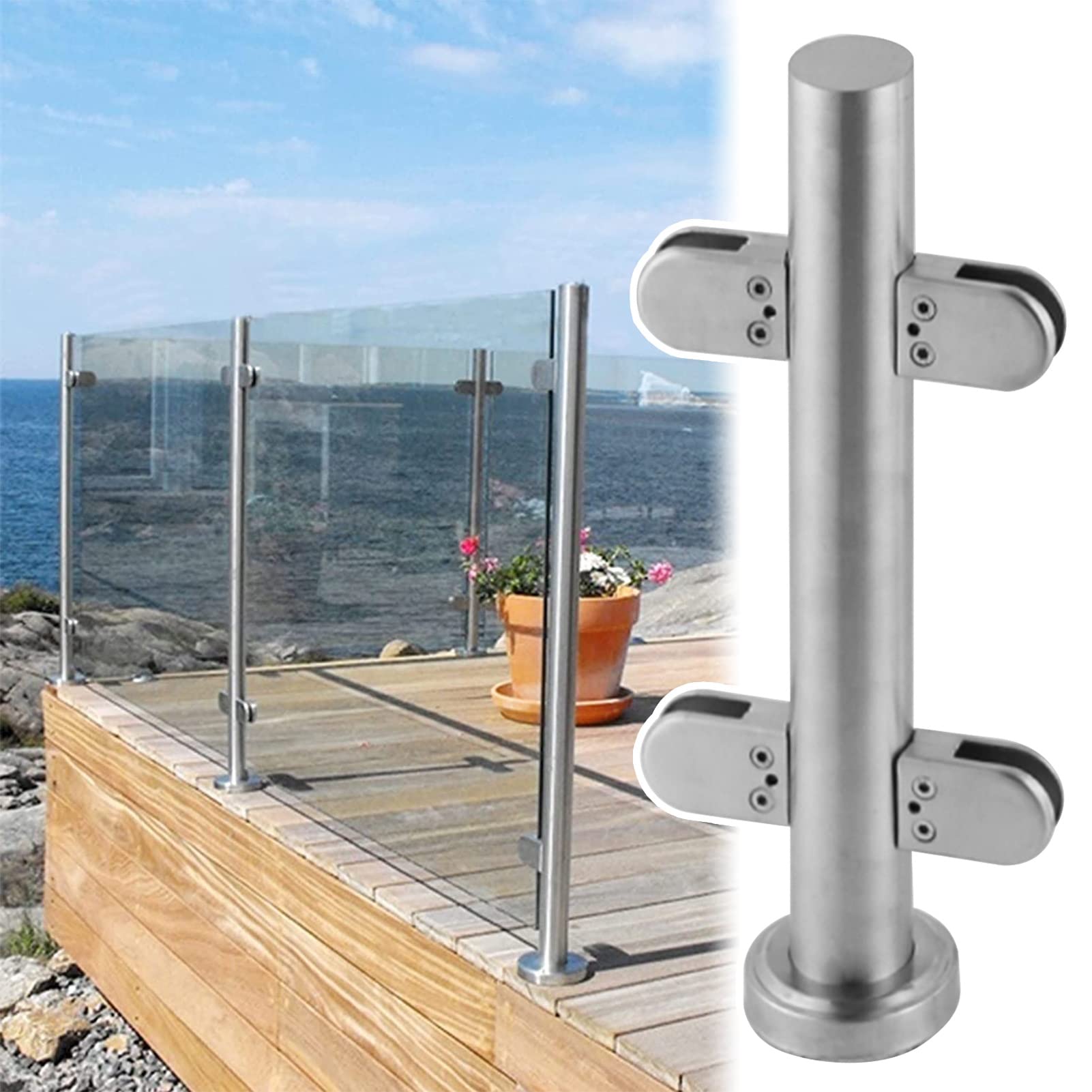 GHHVFEC Glass Balustrade Glass Railing Post Kit, Silver Windproof & Rustproof Glass Guardrail Clamp System Round - Easy Installation,Mid Post-105cm/41.3