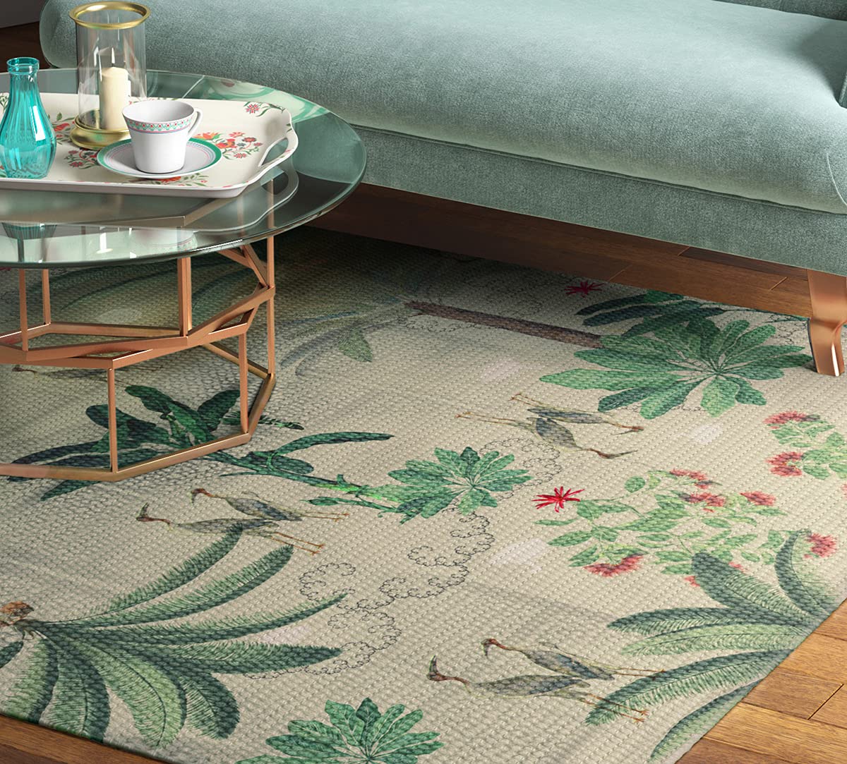 India Circus by Krsnaa Mehta Heron's Garden Flat Woven Rug 4 ft x 6 ft Printed Carpet Rug for Bedroom, Living Room, Drawing Room, Hall | Anti Skid Backing | Home Décor