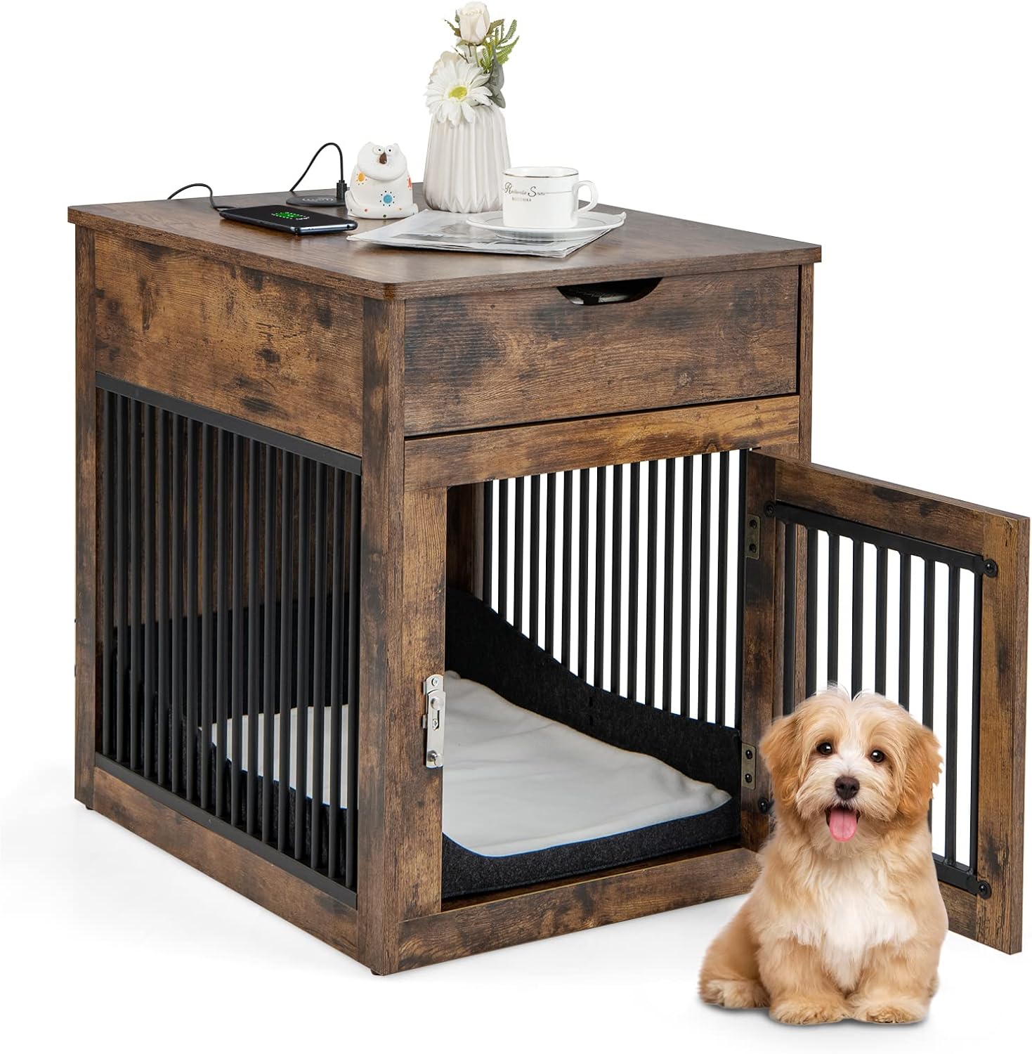 PETSITE Furniture Style Dog Crate, Decorative Dog Kennel End Table with USB & Wireless Charging Station, Storage Drawer, Indoor Dog House for Small Dogs (Rustic Brown)