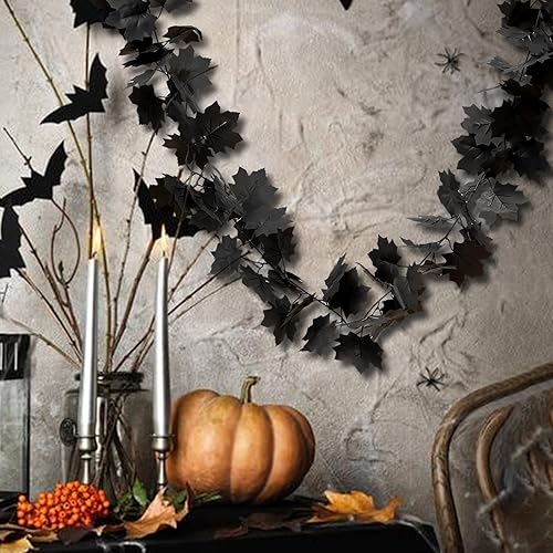 Miniatura 6 de Decoraciones de Halloween, 5 unidades, guirnalda de hojas de arce negro, guirnalda de hojas negras, guirnalda de Halloween para manto, puerta