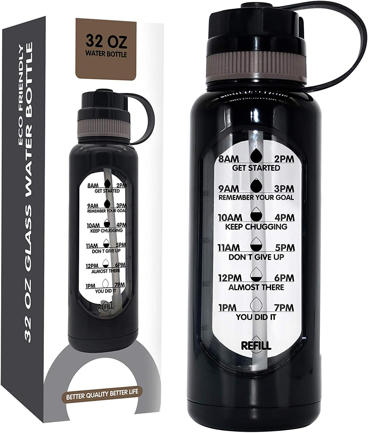 32 OZ Glass Water Bottle with Straw Shatterproof Sleeve, Motivational Water Bottle with Time Marker Remind to Drink Reusable Sport Water Bottles BPA Free 1 liter Glass Bottle Wide Mouth (BLACK)