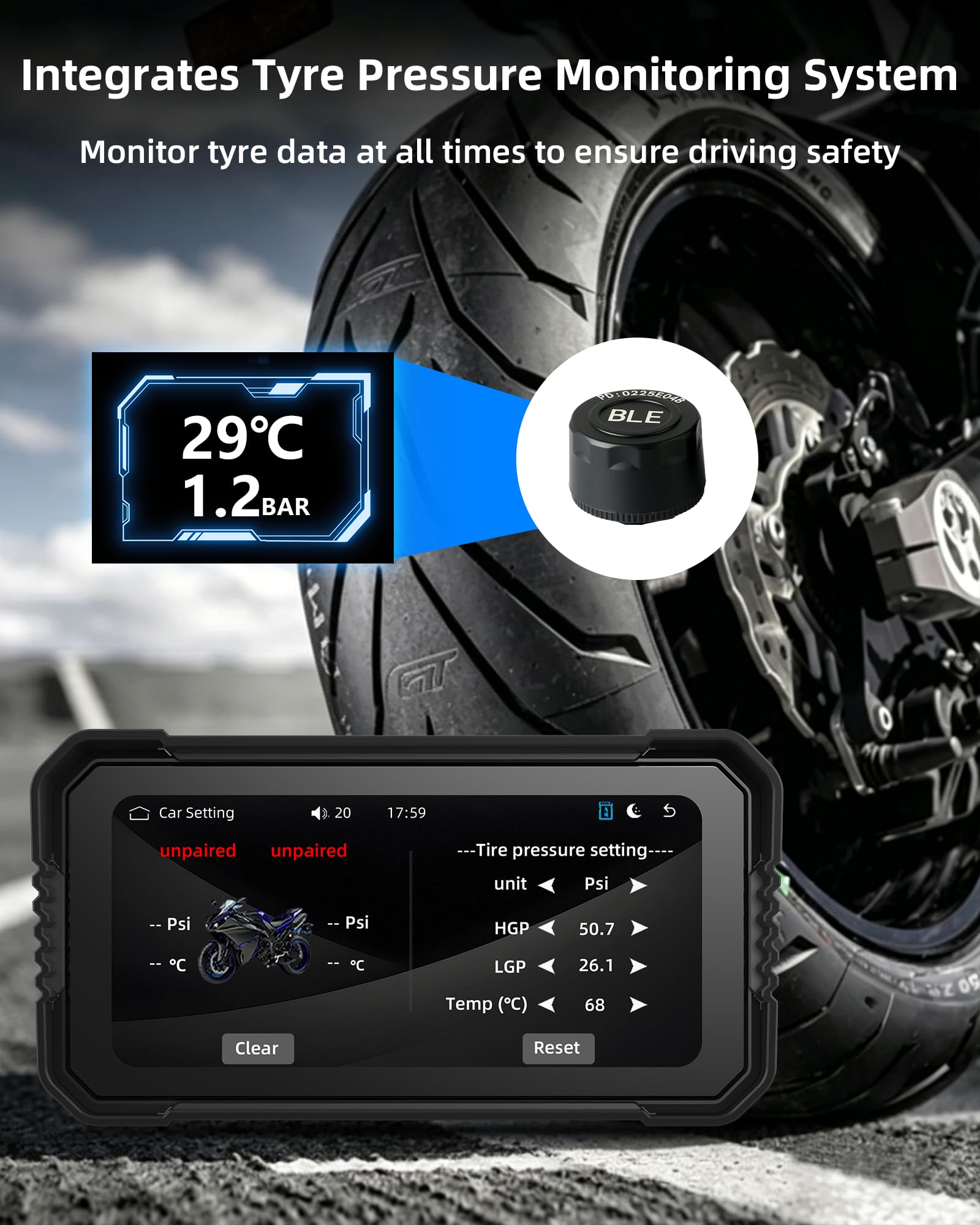 Jansite 6,25 pollici Carplay Moto con TPMS, Schermo Moto Compatibile CarPlay & Android Auto Impermeabile IP67 Navigatore GPS con Bluetooth Assistente vocale